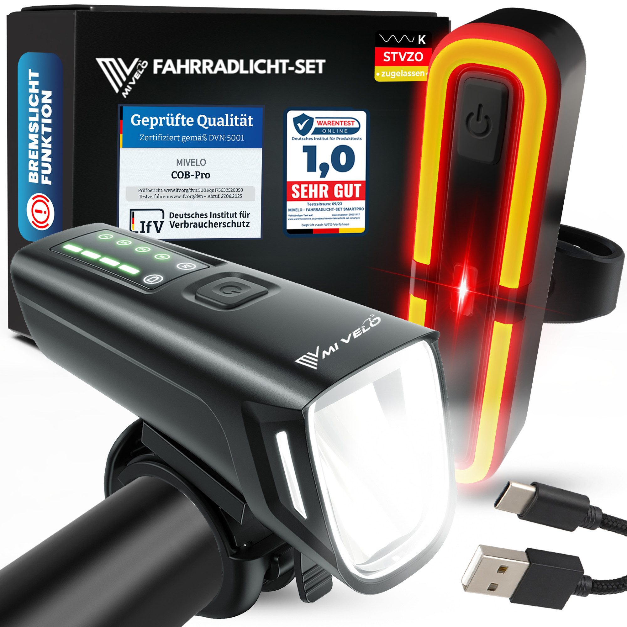 MIVELO Fahrradbeleuchtung SMART Fahrradlicht Set LED 100 LUX - Akku USB aufladbar