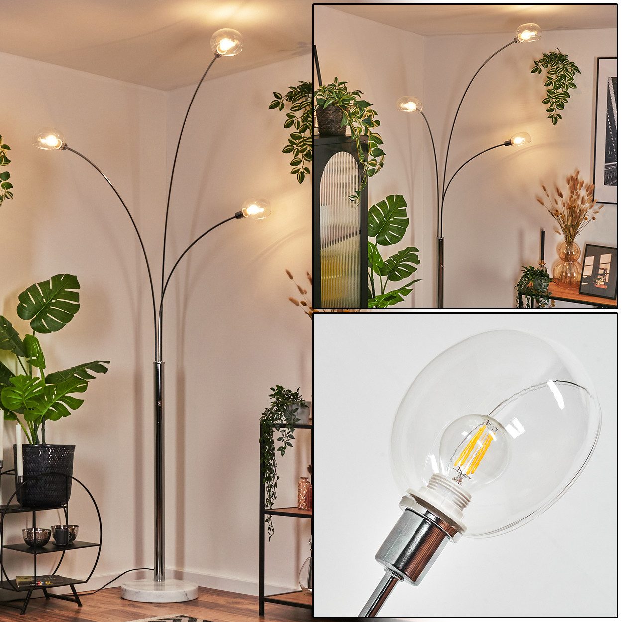 hofstein Stehlampe Stehlampe aus Metall in Weiß/Chromfarben/Klar, Retro/Vintage-Design, ohne Leuchtmittel, Stehleuchte verstellbar mit Marmorfuß und Schalter am Gehäuse, E14