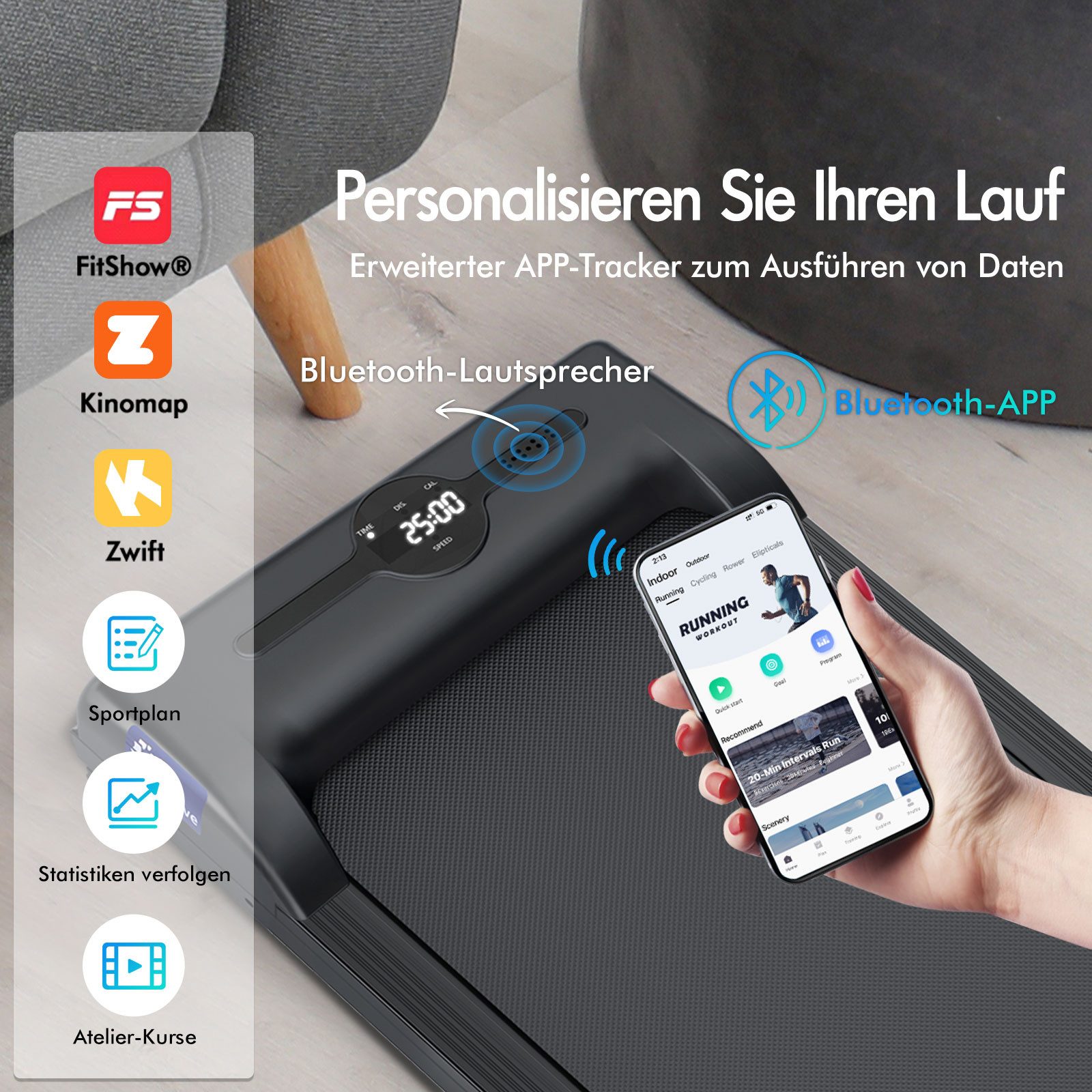 BLACK LORD Laufband für Zuhause, Walking Pad, Klappbares Untertisch-Laufband mit Armlehne (119 x 48,5 x 103 cm, 1-tlg), mit Bluetooth, Fernbedienung, Lautsprecher, 1-12km/h