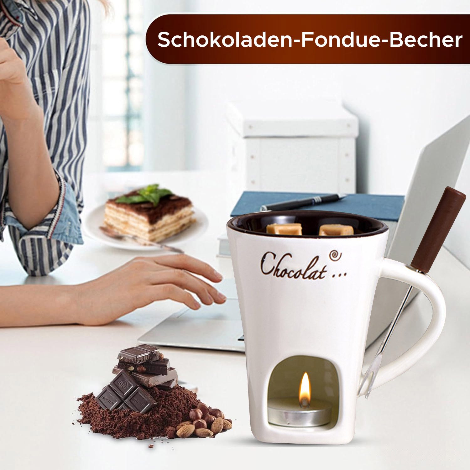 Refttenw Fondue 130ml Keramik Schokoladenfondue Tasse mit Gabeln für Schmelzen Dessert