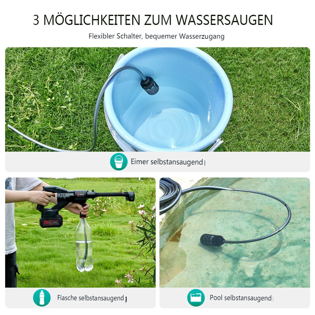 AUDEW Akku-Hochdruckreiniger, Druck max: 40 bar, 110 W, Fördermenge max: 336 l/h, mit 2 Akku und 6-in-1-Düse, 5m Schlauch