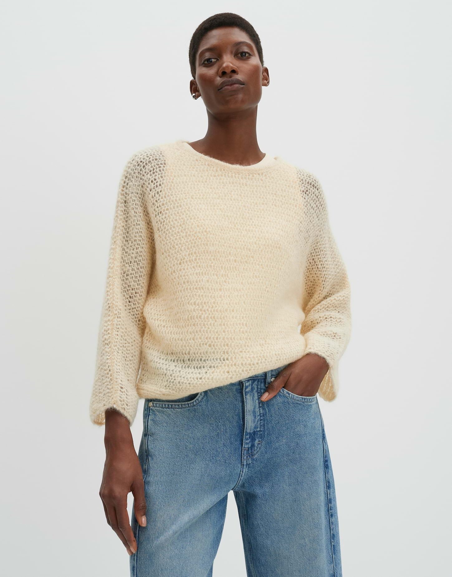 someday Strickpullover Talume Weite Passform mit Lochstrickmuster, verkürzte Ärmel