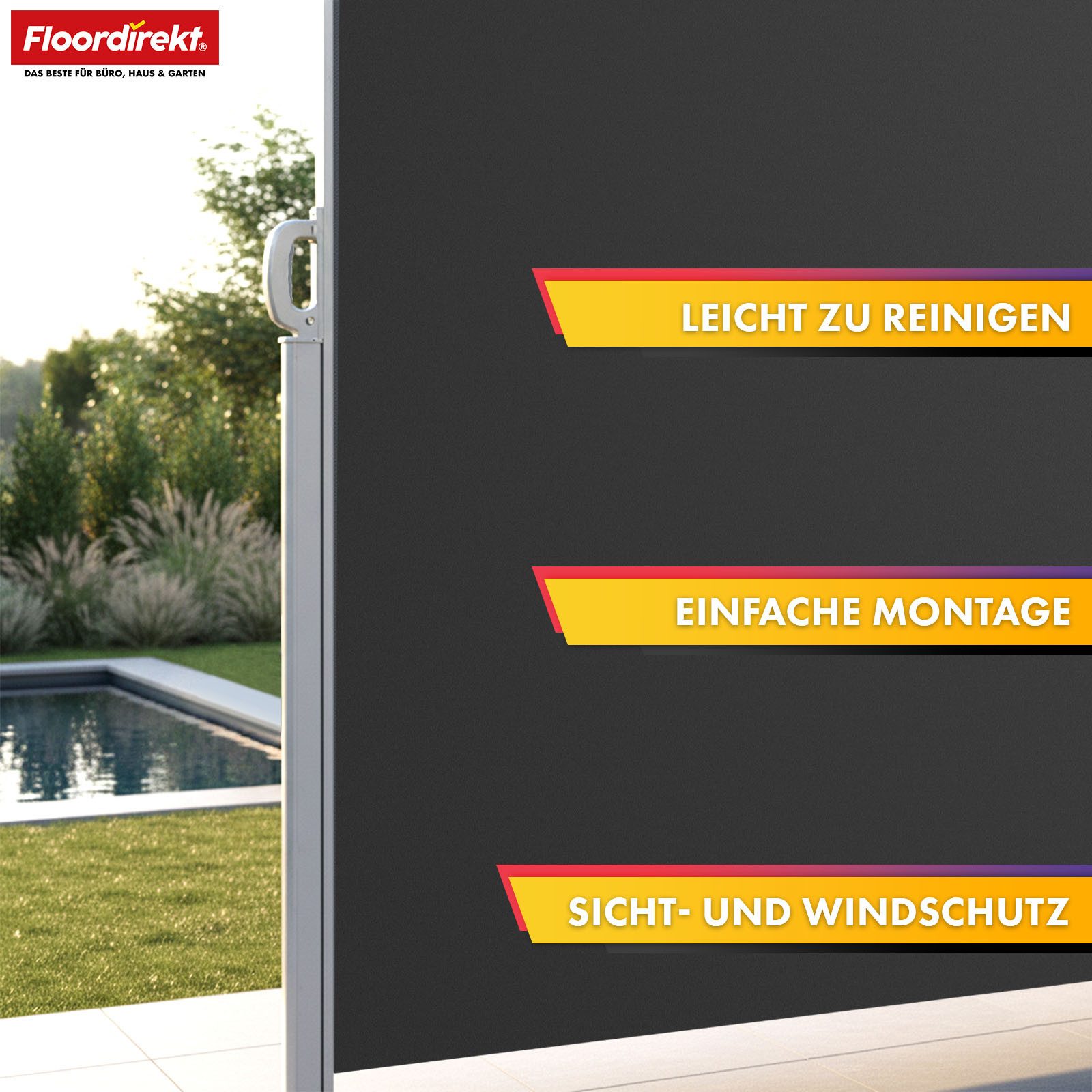Floordirekt Seitenmarkise aus Aluminium Sichtschutz & Sonnenschutz für Balkon, Terrasse & Garten (140x300 cm) UV-beständig, hohe Stabilität, witterungsbeständig – Bild 5 von 5