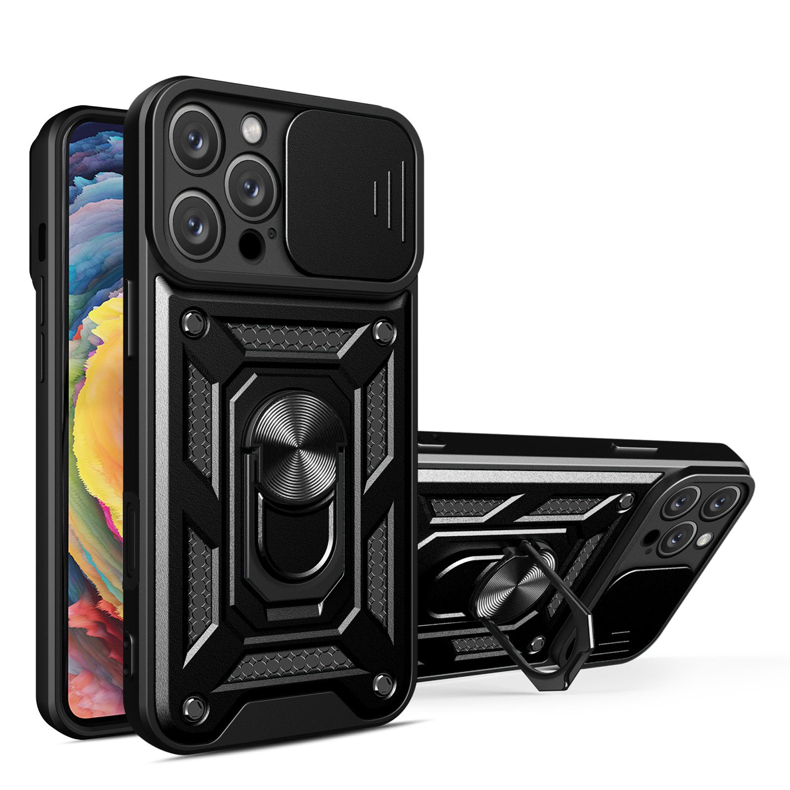 betterfon Handyhülle für iPhone16/ Pro /Pro Max/Plus Kameraschutz Ringhalter, Panzerhülle Stoßfeste Hybrid-Hülle mit Smartstand-Funktion
