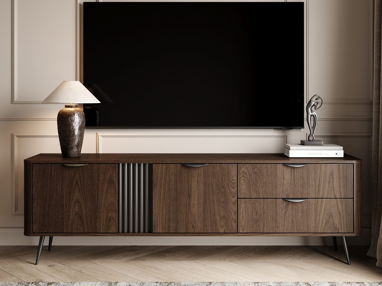 GrainGold TV-Schrank Magico (Set, TV-Schrank, Metallbeine) Breite 195 cm, Metallbeine, Laminierte Platte, Modern Stil