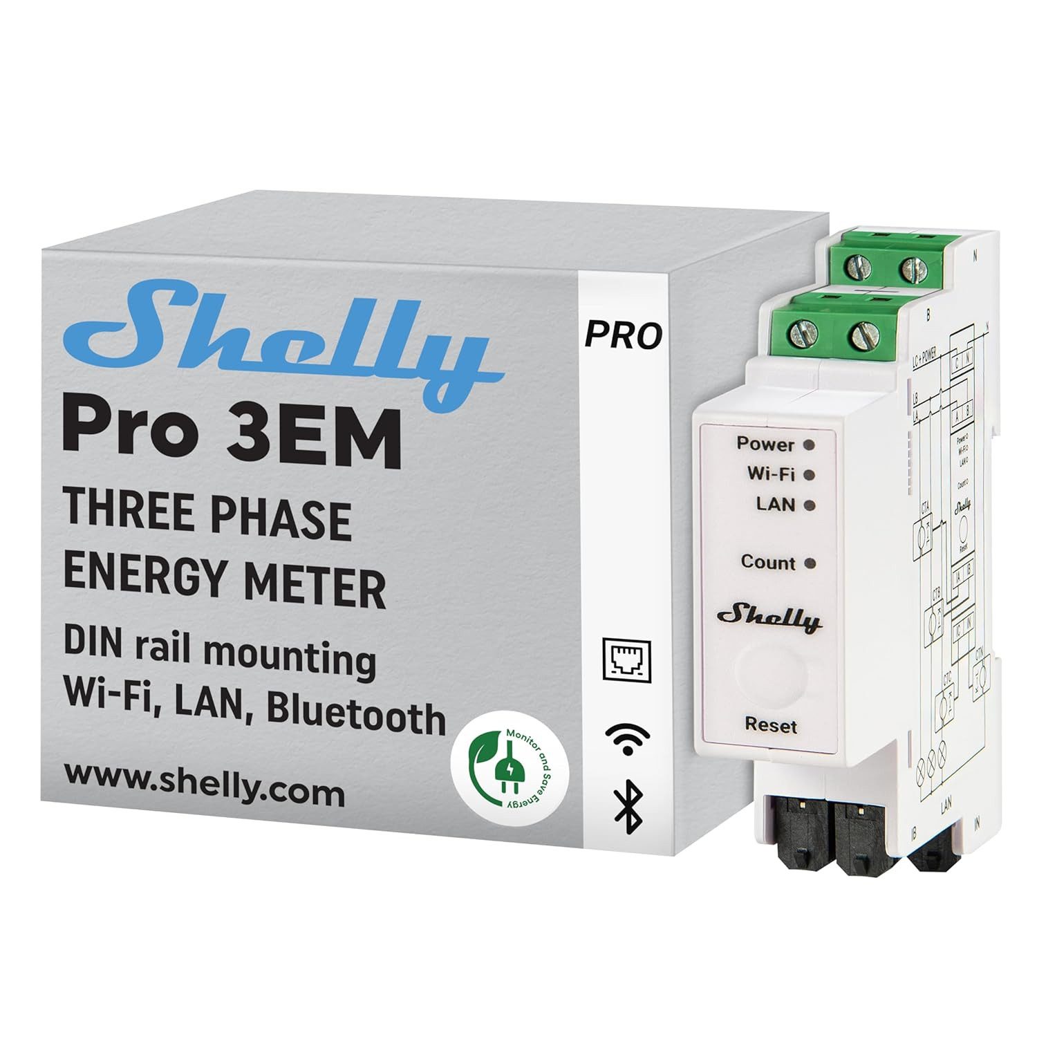 Shelly Stromverbrauchszähler Shelly Pro 3EM 120A - 3-Phasen, Wi-Fi 802.11 b/g/n, Bluetooth, LAN (RJ45), 1x Shelly Pro 3EM 120A, 3-Phasen-Stromzähler mit Echtzeit-Energieüberwachung