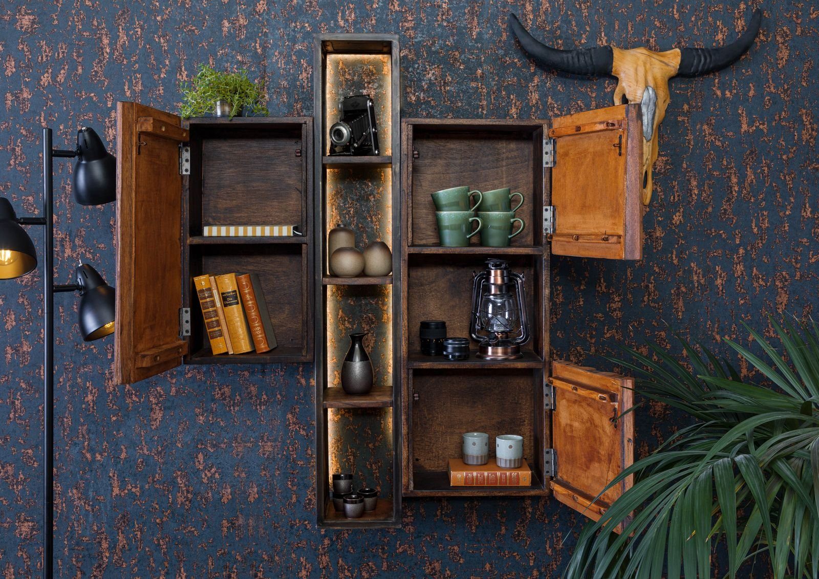 Massivmoebel24 Hängeschrank SEVILLA (Hängeschrank Akazie / Altholz 85x26x118 braun lackiert CITY #06) Hängeschrank Akazie / Altholz 85x26x118 braun lackiert CITY #06