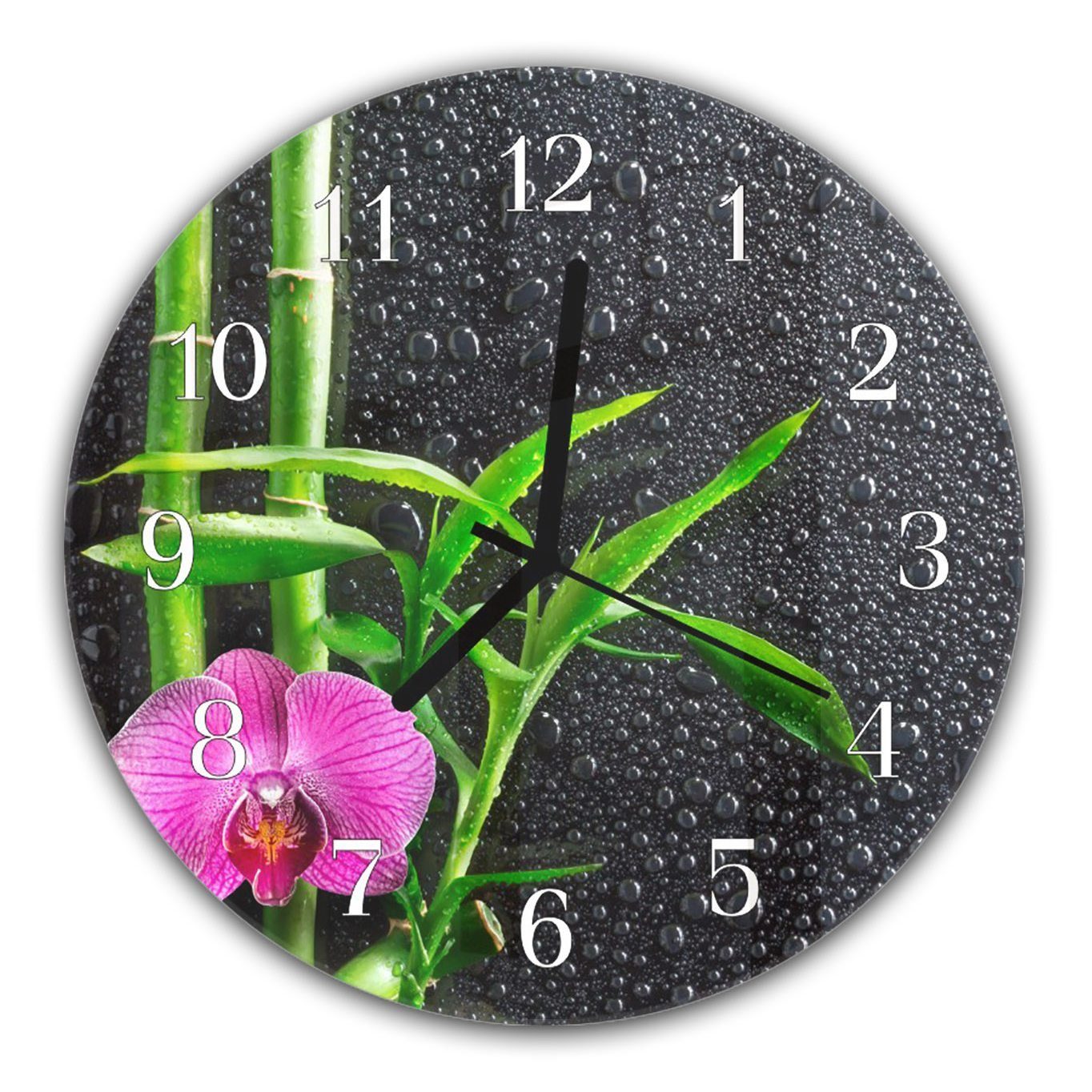 Wanduhr und schwarz aus mit Motiv Bambus Primedeco Rund 30 Durchmesser Glas Quarzuhrwerk cm Wanduhr - mit Orchidee auf und