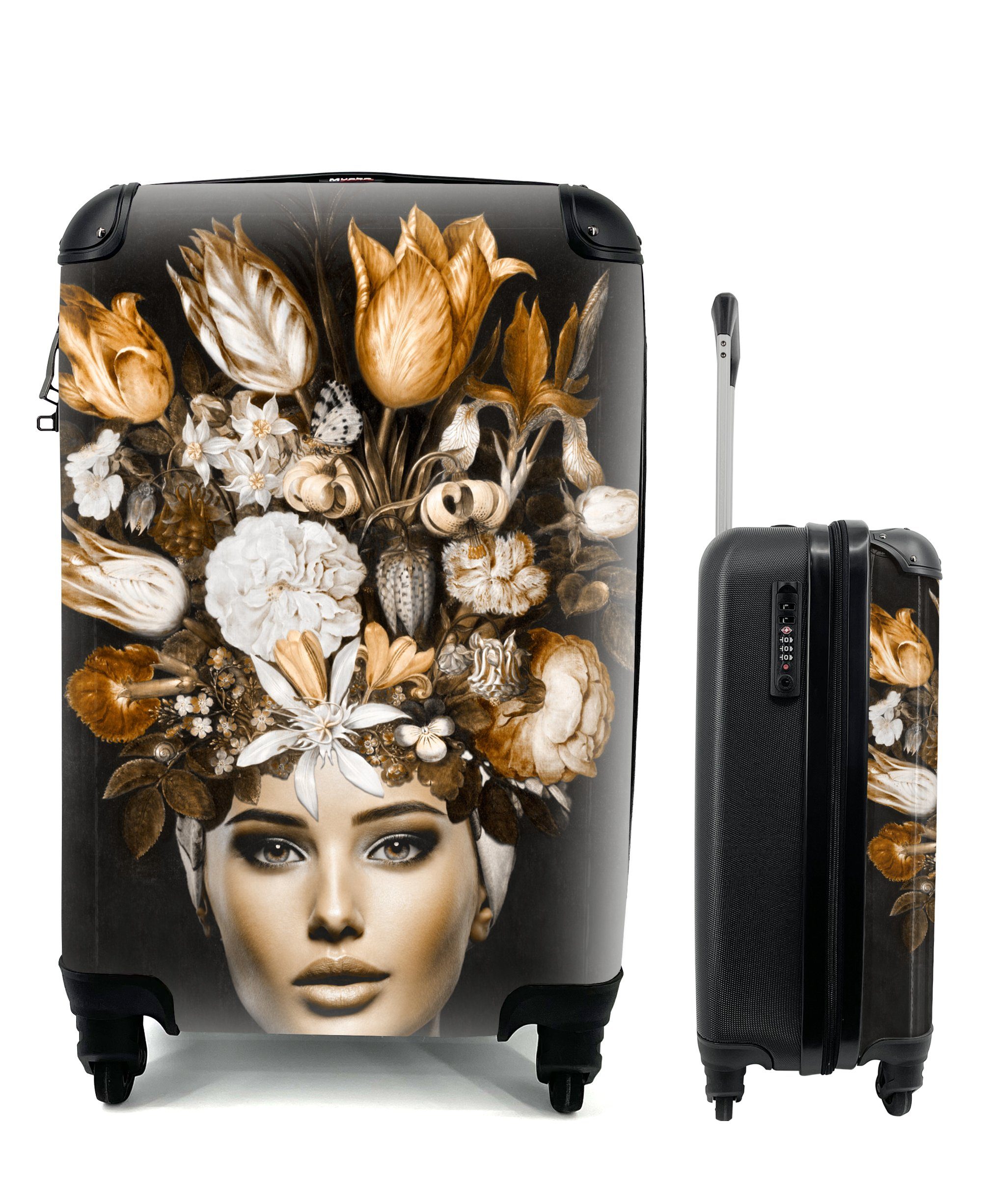 Handgepäckkoffer mit Reisetasche rollen, Reisekoffer Rollen, Ferien, MuchoWow für 4 - Handgepäck - Blumen Trolley, Frau Gold,