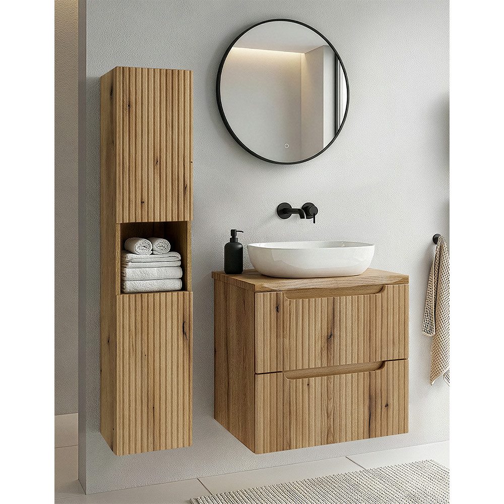 Lomadox Badmöbel-Set NEWPORT-56-EVOKE, (Spar-Set, 3-St., Badspiegel Hochschrank Waschbecken Waschbeckenschrank Waschtischplatte), in Eiche mit gerillter Front, Waschtischplatte mit Baumkantenoptik