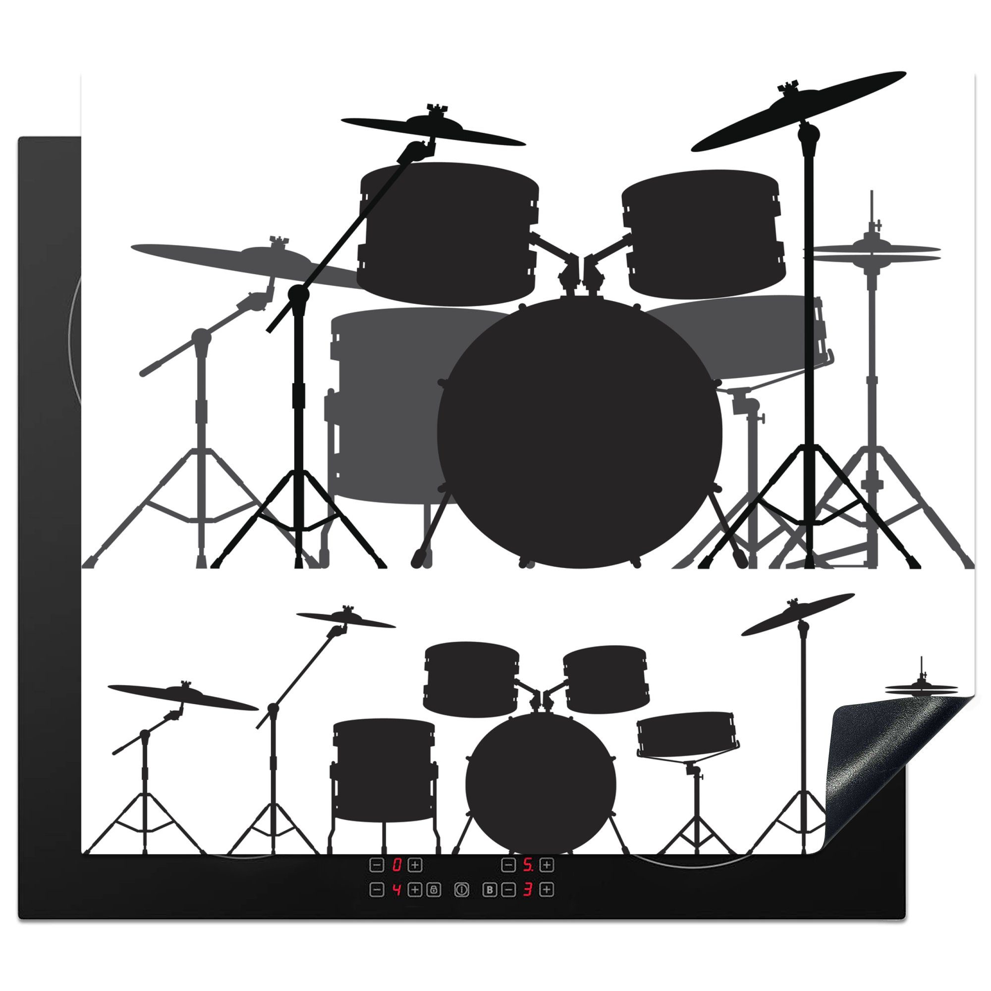 MuchoWow Herdblende-/Abdeckplatte Illustration einer Silhouette eines Schlagzeugs in Schwarz und Weiß, Vinyl, (1 tlg), 57x51 cm, Induktionsschutz, Induktionskochfeld, Ceranfeldabdeckung
