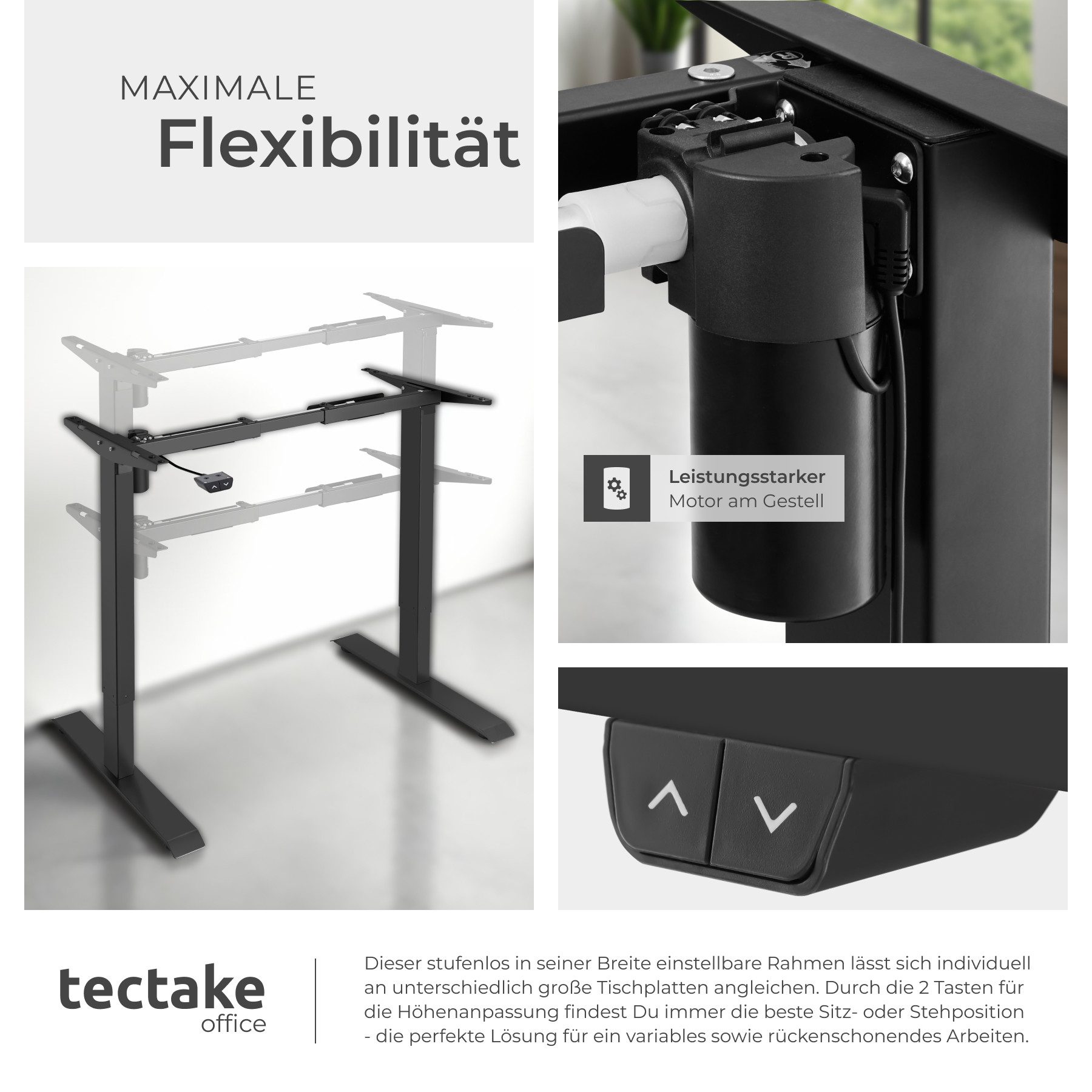 tectake Tischgestell Schreibtischgestell, breitenverstellbar, 85 - 129 x 65 x 71 - 121 cm (Tischuntergestell Yannick, 1-St., in schwarz), Elektrisch stufenlos höhenverstellbar