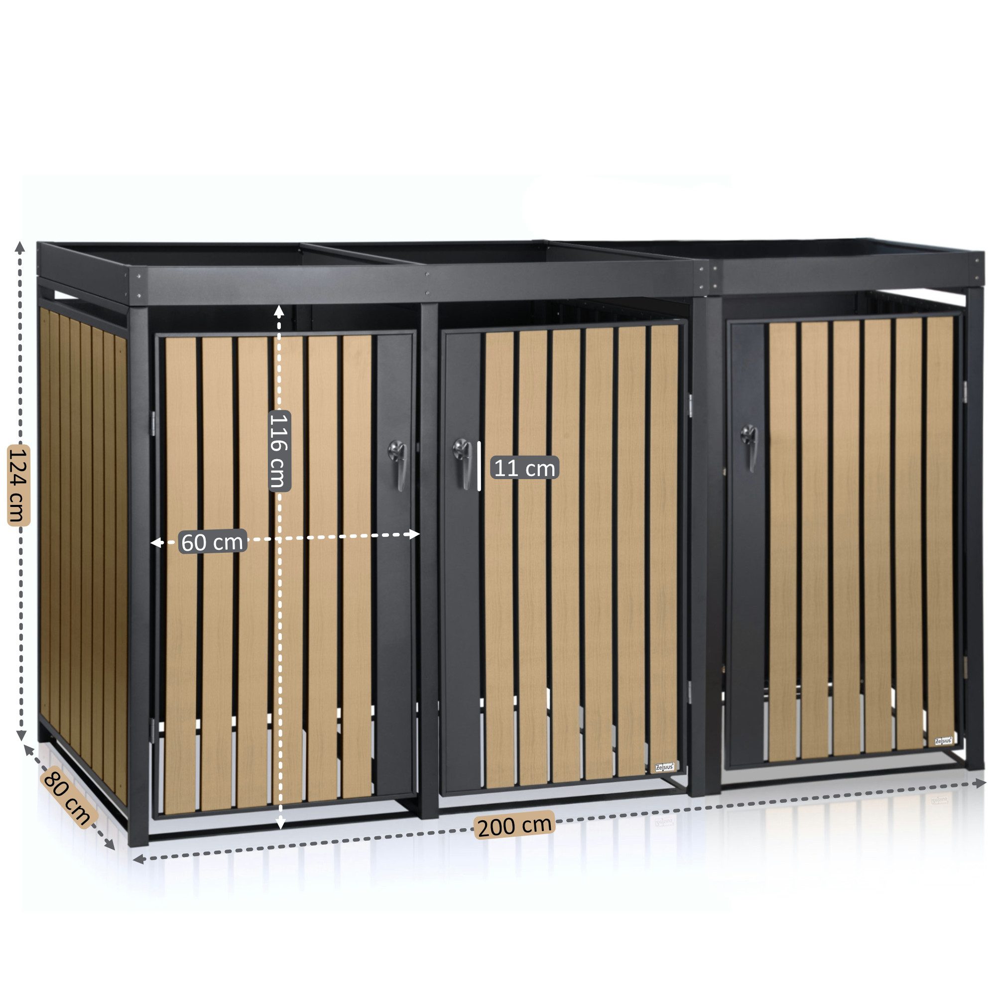Zelsius Mülltonnenbox mit Pflanzdach für 3 Tonnen, 120 - 240 Liter, RAL 7016, Tür Holzoptik