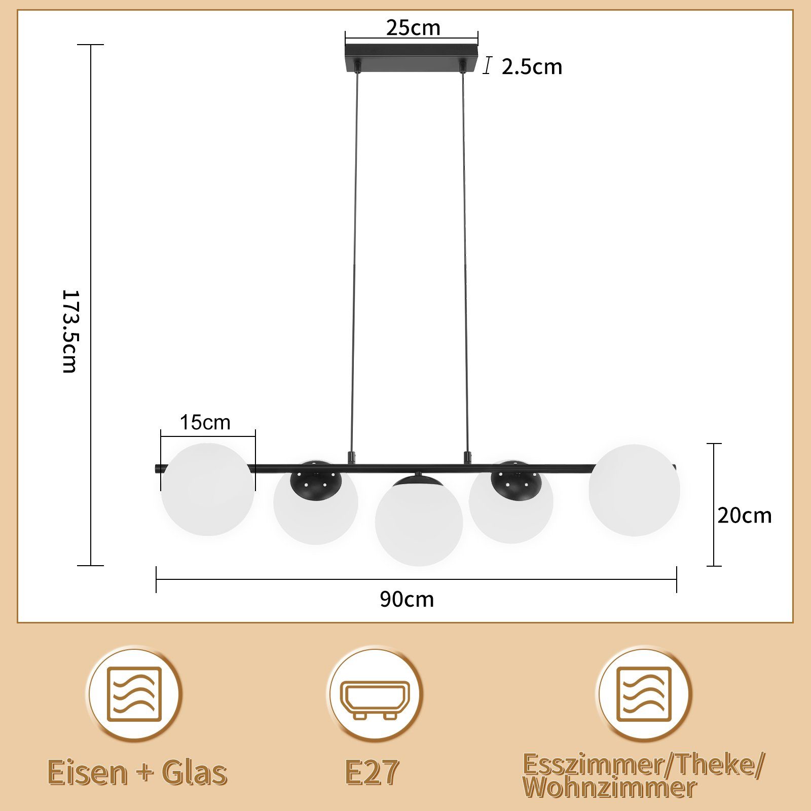 ZMH Pendelleuchte Esstisch Hängeleuchte Glas Hängelampe E27 5-Flammig, ohne Leuchtmittel, Kreative Esstischlampe für Esszimmer Wohnzimmer – Bild 4 von 5