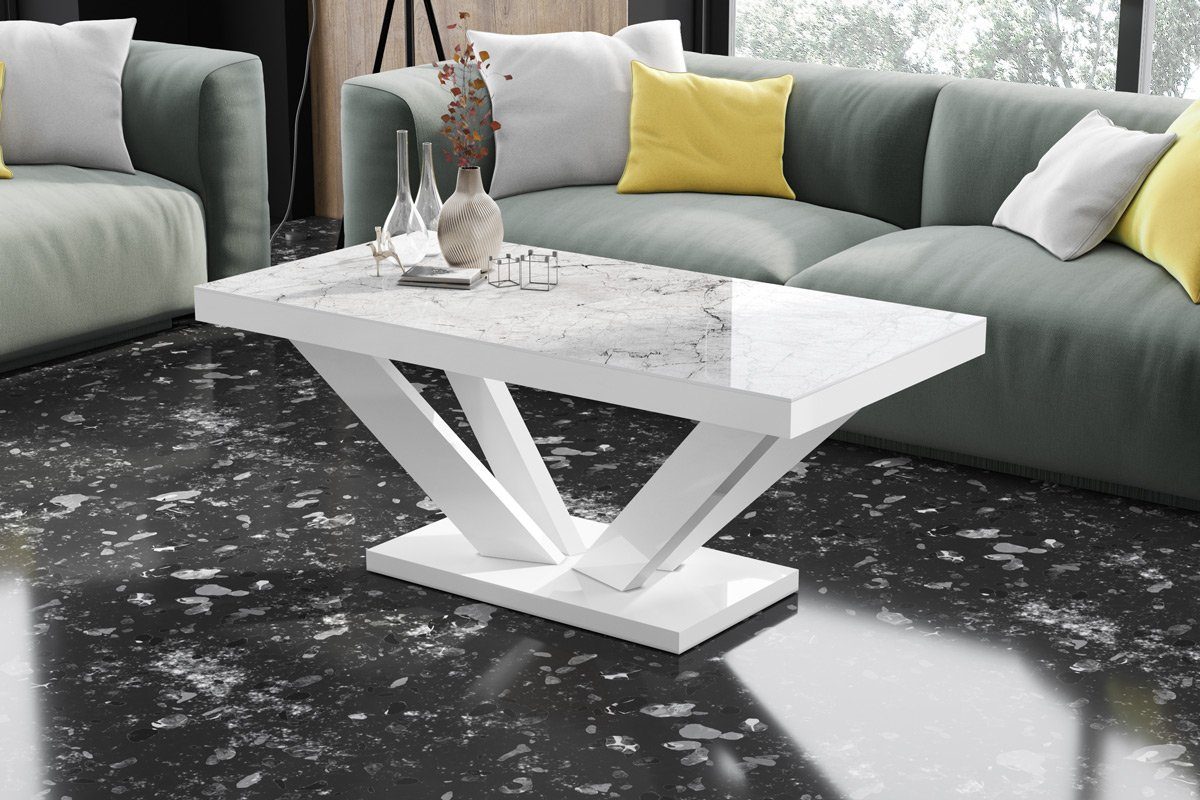 designimpex Couchtisch Design Couchtisch HV-222 Hochglanz Highgloss Tisch Wohnzimmertisch Marmoroptik Hochglanz - Weiß Hochglanz