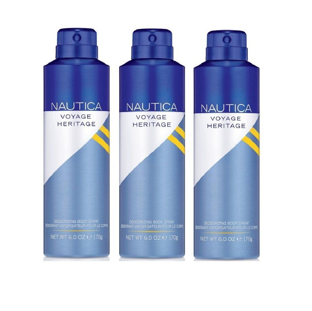 NAUTICA Bodyspray Voyage Heritage 3x 170ml Deo Spray Set Bodyspray Beauty Deodorant Men, Pfirsisch,Ananas, Jasmin, Zeder, Bergamotte, Moschus, Sandelholz, Ohne Tierversuche, 3-tlg., 24 Stunden Schutz, Effektiver Schutz vor Körpergeruch