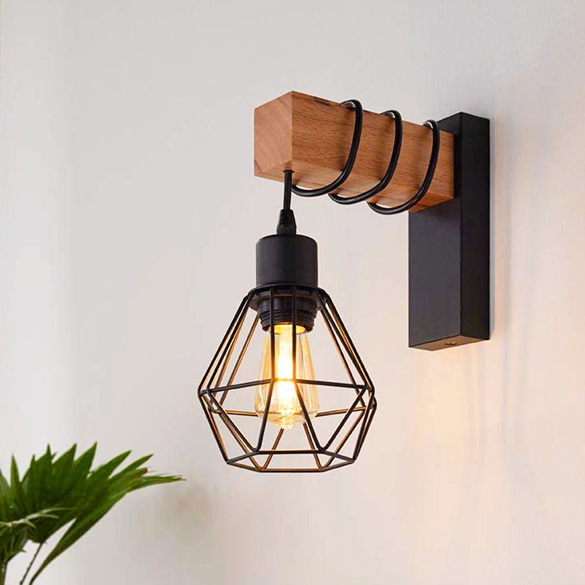 oyajia Wandleuchte Wandlampe im Industrial Design, Retro Wandleuchte aus Stahl und Holz, LED wechselbar, E27-Fassung Höhenverstellbar Pendellampe Flurleuchte ohne Leuchtmittel