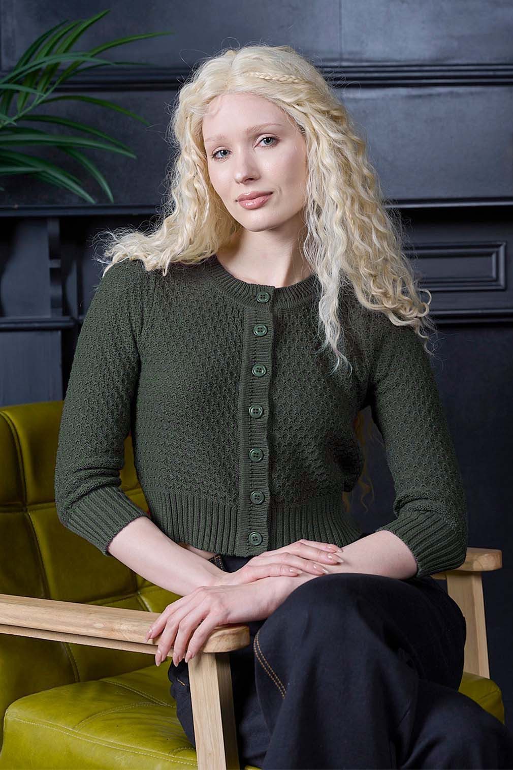 Banned Strickjacke Fara Cardigan Oliv Vintage Wabenmuster Baumwolle