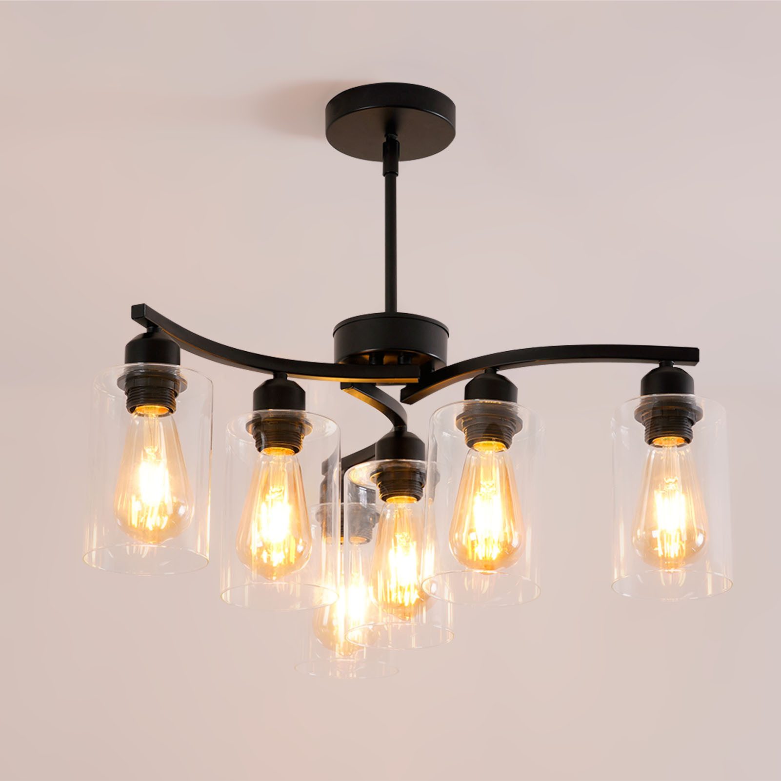 POPOLIC Pendelleuchte Deckenleuchte 20" 6-flammige große Pendelleuchte, mit klarem Glasschirm, moderne Pendelleuchte im Bauernhausstil, für Esszimmer, Wohnzimmer und Küche