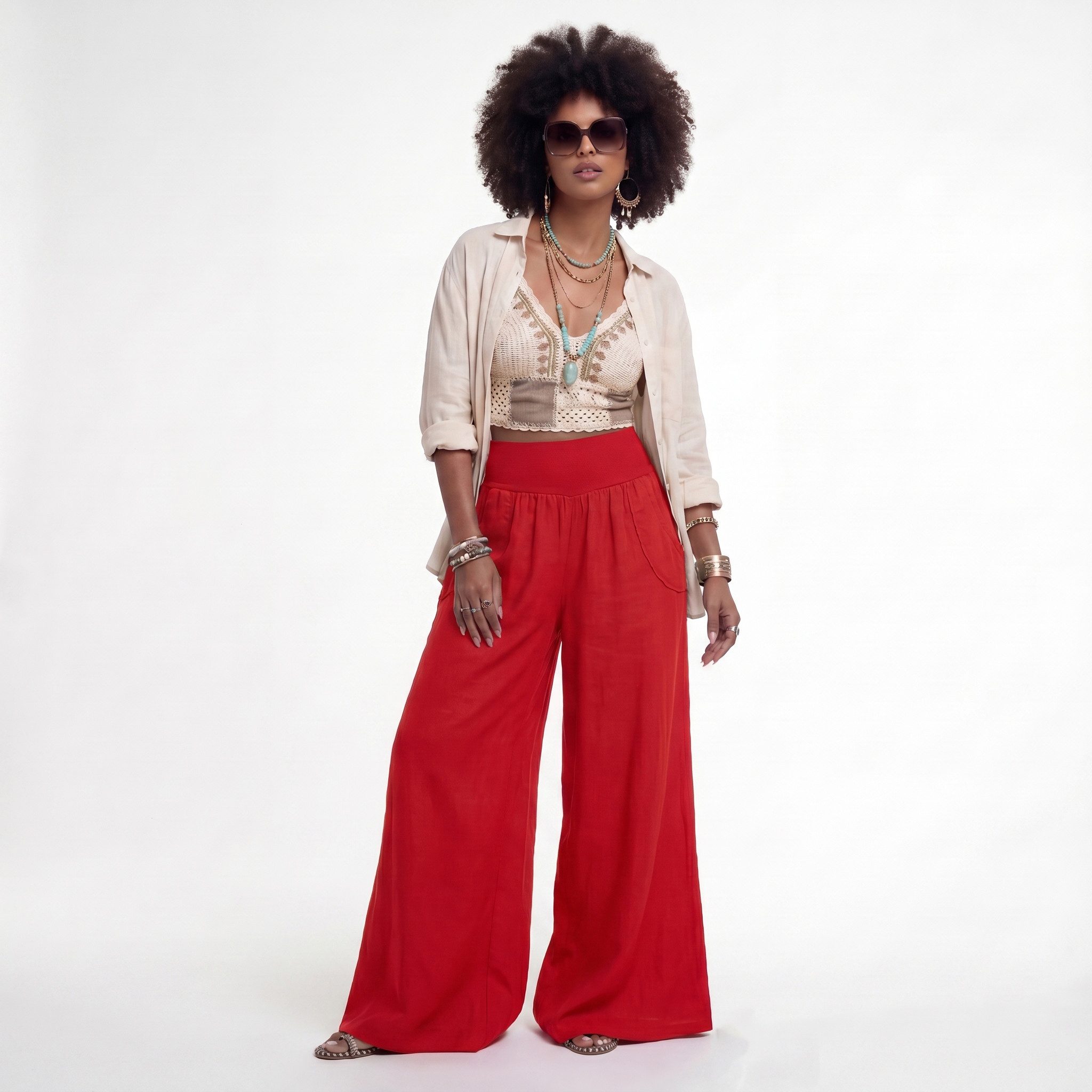 YC Fashion & Style Leinenhose Palazzo Hose weit – Sommerhose mit elastischem Bund und Taschen in Unifarbe