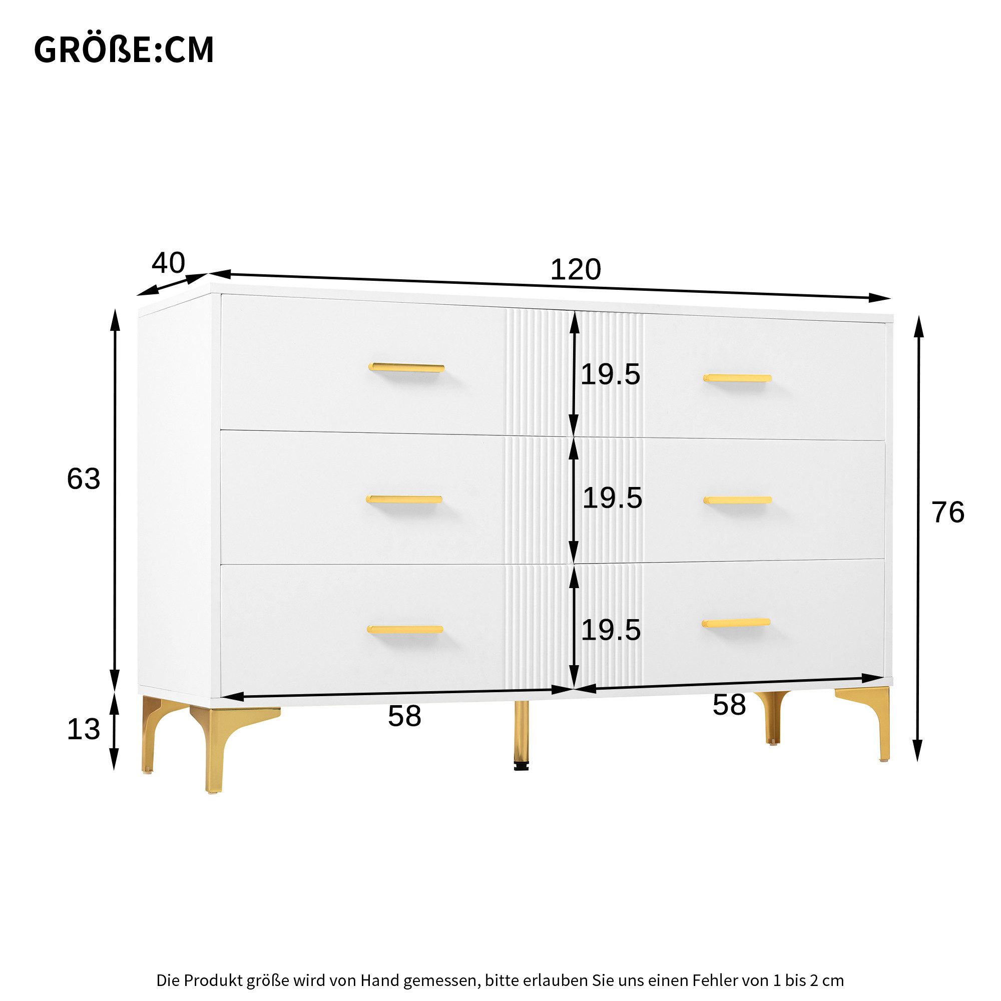 Flieks Kommode mit 6 Schubladen Weiß (Maße: H76/B120/T40 cm, 1 St., für Wohnzimmer und Schlafzimmer), Mehrzweckschrank Sideboard Holzschrank, Metallgriffe und M – Bild 4 von 5