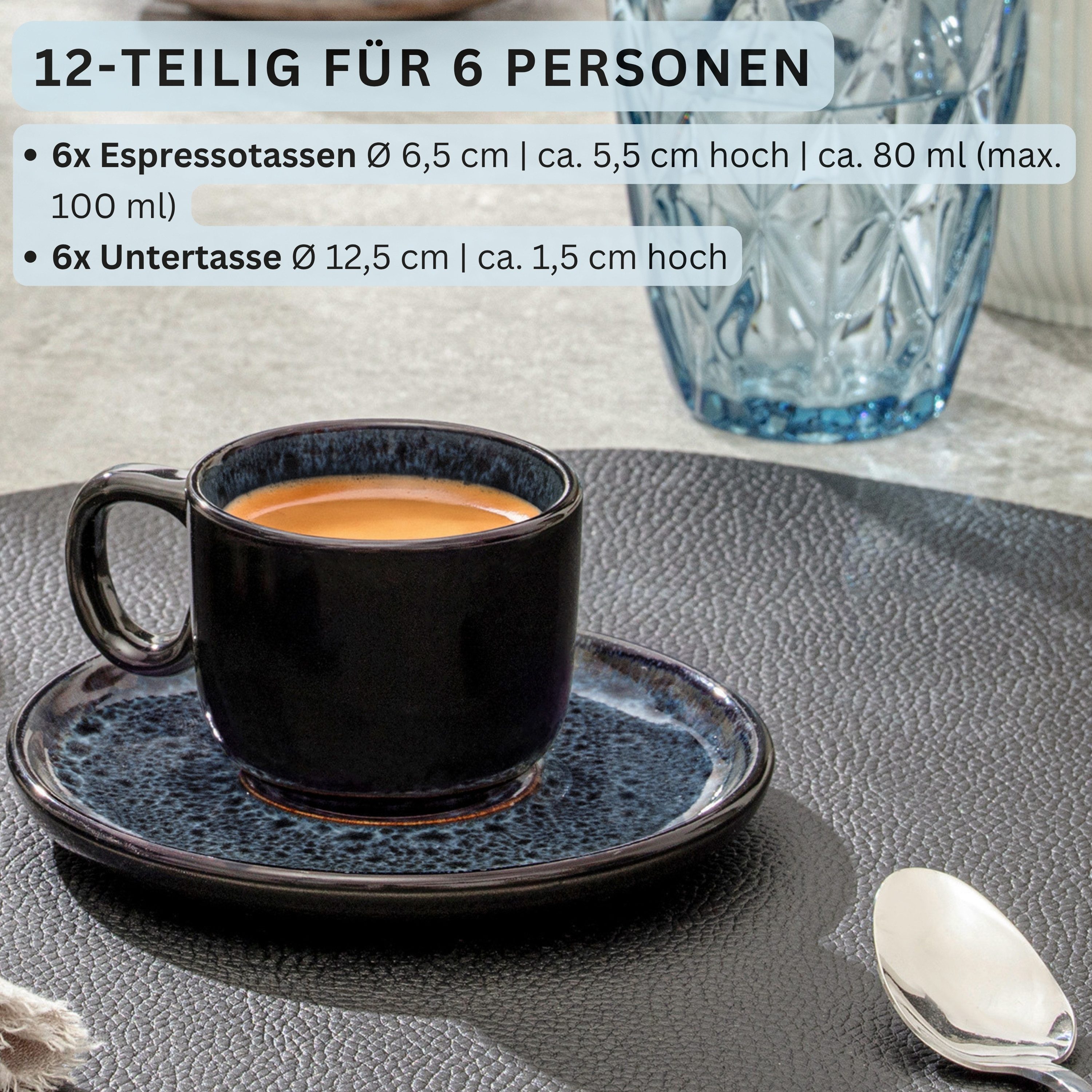 SÄNGER Espressotasse Set Manila 12 tlg., 12-tlg., Steingut, Blau-Schwarz, 80 ml, ⌀6,5x5,3cm, Handmade, VALUE COLLECTION