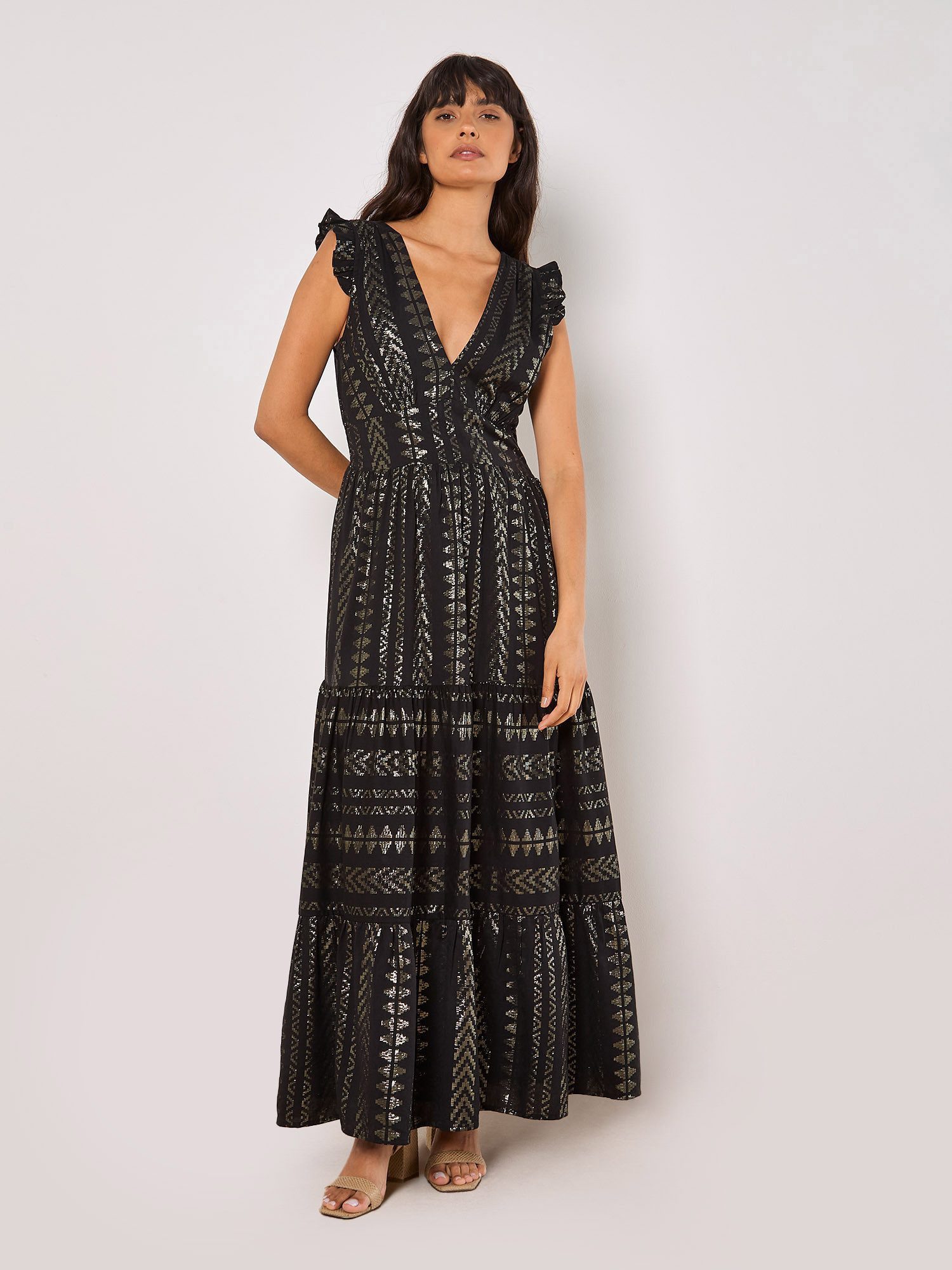 Apricot Maxikleid Ruffle Hem Maxi Dress Rüschen an den Schultern, Sommerkleid