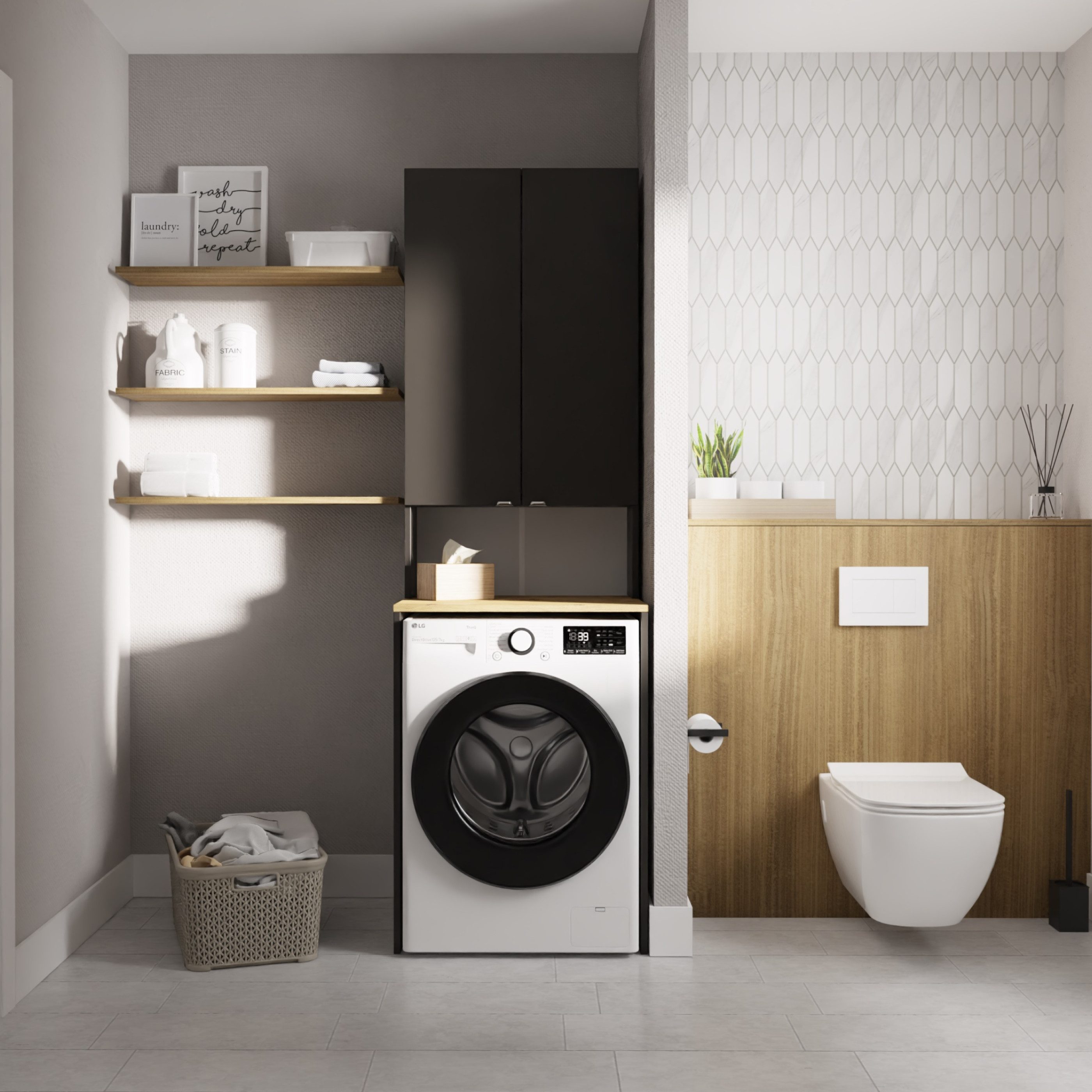 Platan Room Waschmaschinenumbauschrank Badschrank LORA Waschmaschinenschrank Badezimmer Hochschrank 210 x 65 x 50 cm