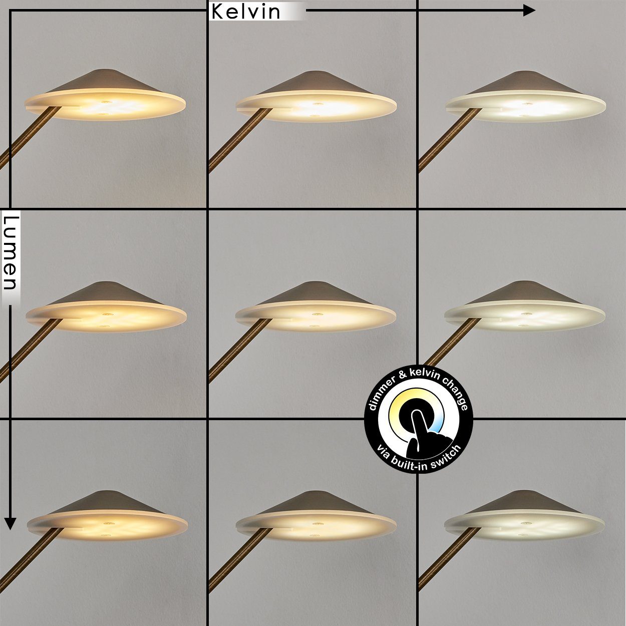 Stehlampe »Martirano« m. Tastdimmer Metall/Kunststoff mit hofstein aus Kelvin, beweglichen 4000 LED, Lesearm, Bodenlampe in Deckenfluter, Altmessingfarben/Weiß,