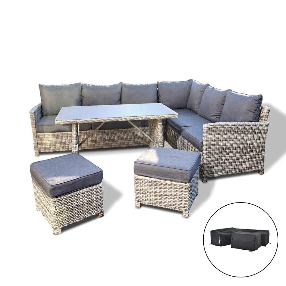 HOME DELUXE Sitzgruppe Rattan Sitzgruppe - BAHIA, (5-tlg., inkl. Hocker, Tisch mit Glasplatte und Sitzpolster), Rahmen aus leichtem, extrastabilem und rostfreiem Aluminium