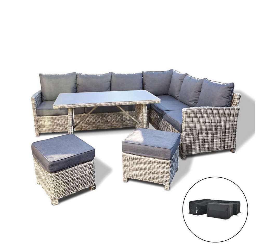 HOME DELUXE Sitzgruppe Rattan Sitzgruppe - BAHIA, (5-tlg., inkl. Hocker, Tisch mit Glasplatte und Sitzpolster), Rahmen aus leichtem, …
