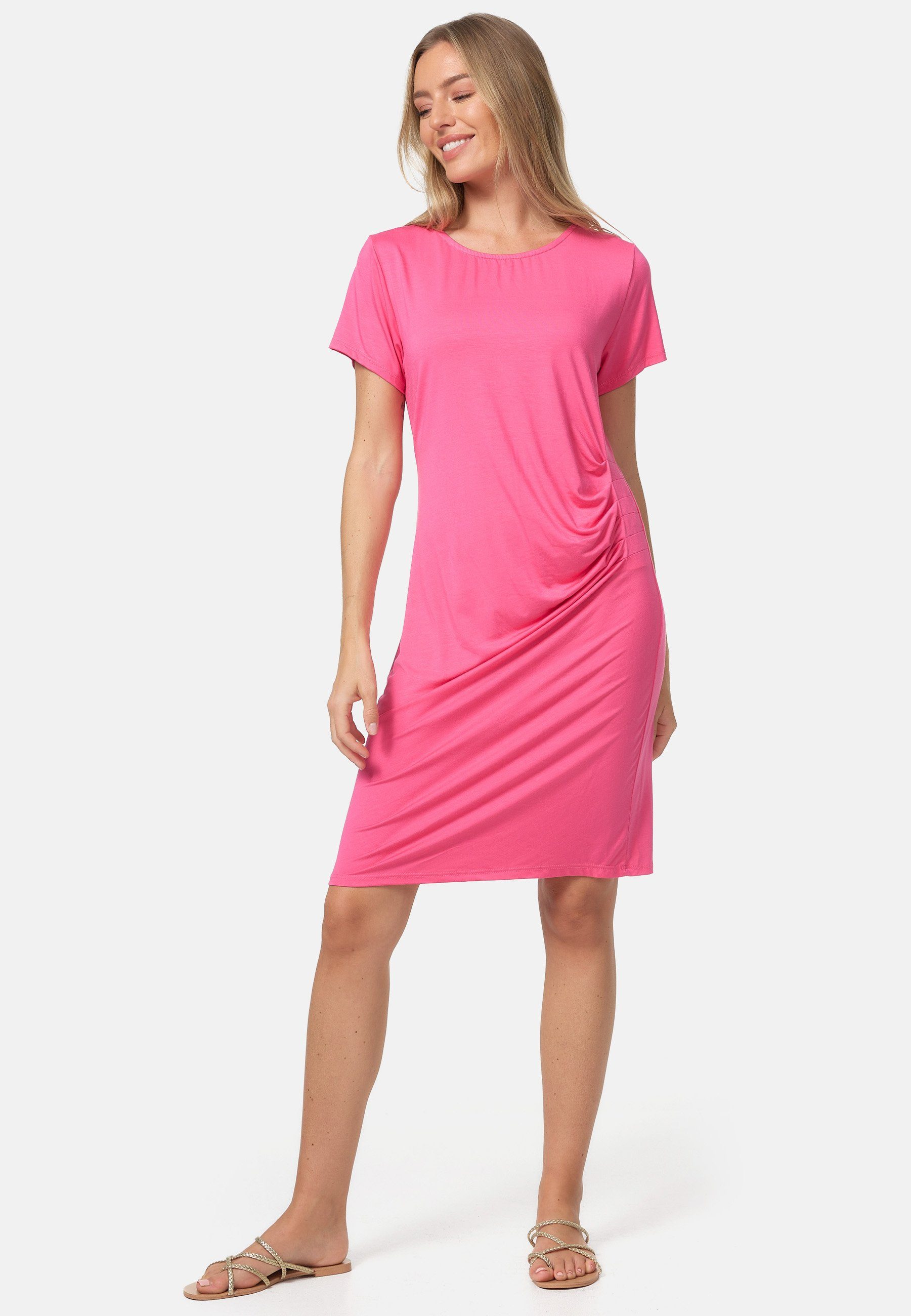 für Elastisch, Sommer Shirtkleid Longshirt, PM41 Seitliche seitlicher Raffung, den Raffung) (Modisches Leicht Shirtkleid Pink SELECTED mit PM