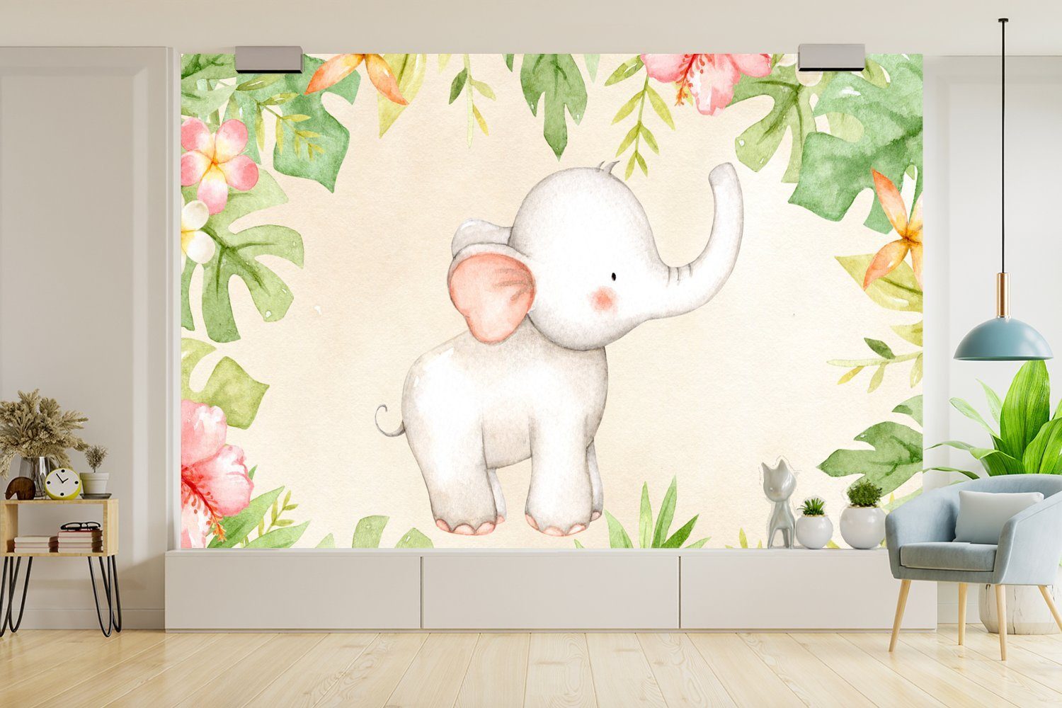 Tapete Fototapete - Wallpaper Elefant - Pflanzen Dschungel, für Kinderzimmer, (6 Schlafzimmer, Matt, - Blumen MuchoWow bedruckt, Vinyl St), Wohnzimmer,