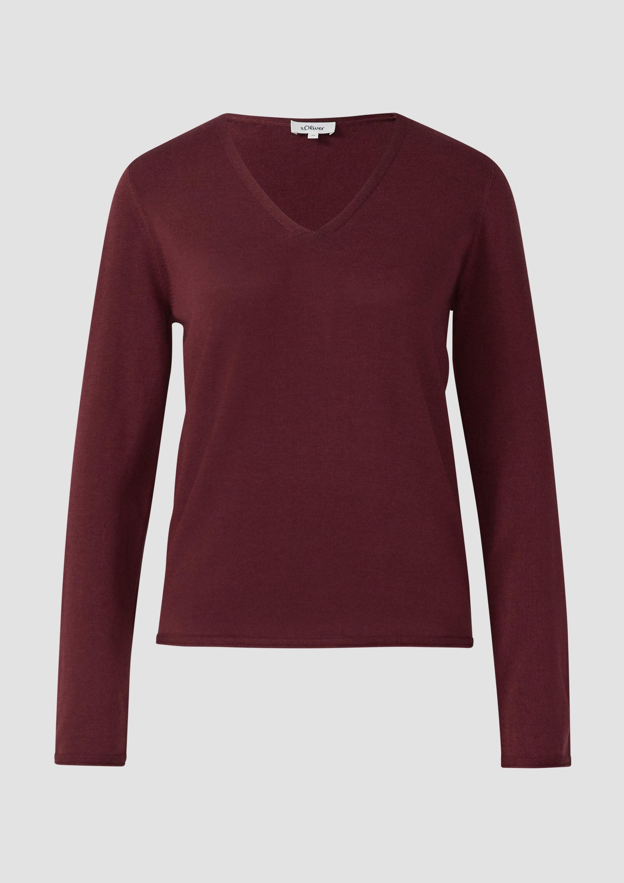 s.Oliver Longpullover Strickpullover Feinstrickpullover mit V-Ausschnitt und Rollkante am Saum