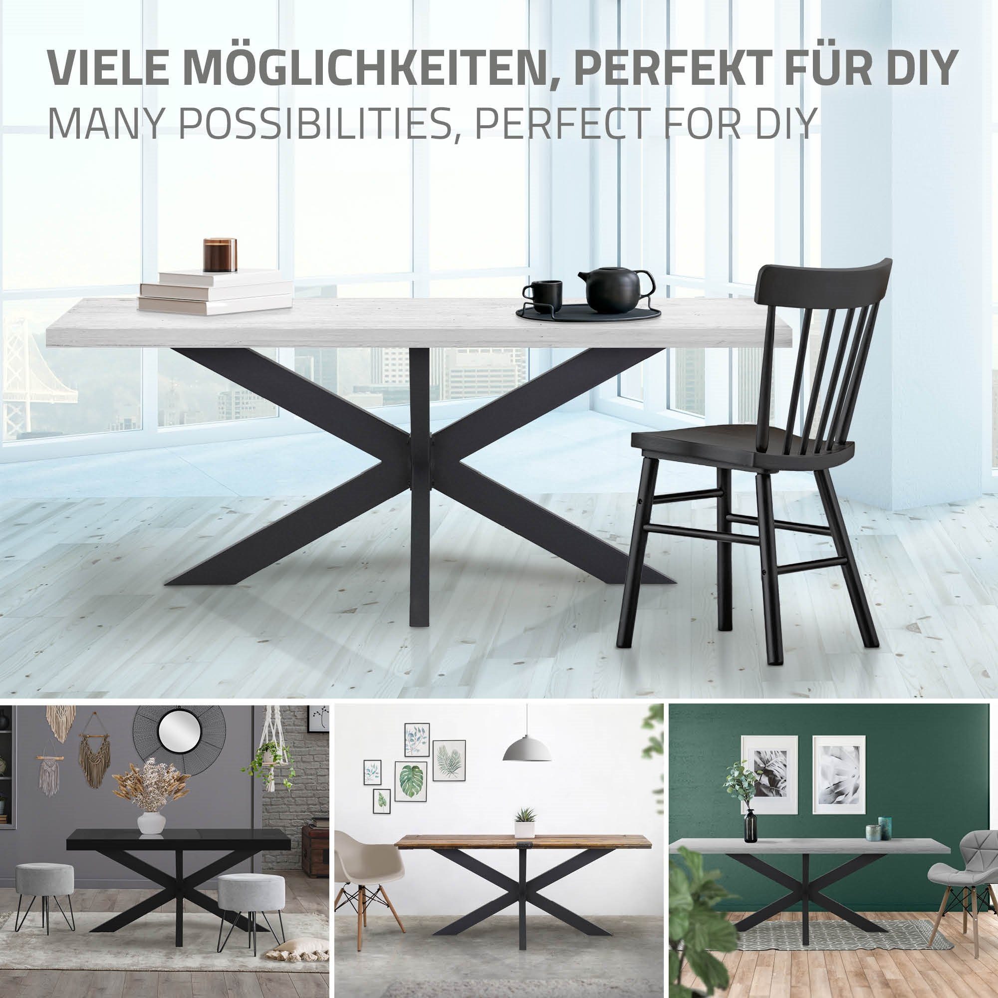 Tischfüße Tischgestell 78x71x120cm einfache Kreuzgestell Stahl Spider Montage Tischbein Schwarz Metall Schwerlast X-Design Tischbeine, ML-DESIGN