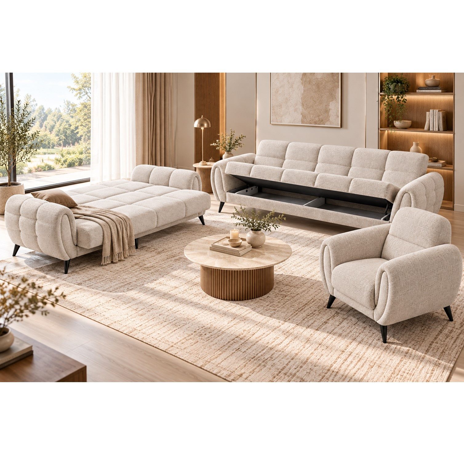 HOOZ Polstergarnitur Sofagarnitur PRADAN 3-3-1 Beige mit Schlaffunktion und Bettkasten, (3-3-1 Sofagarnitur, 3-teiliges Set aus 2 Dreisitzern und 1 Sessel), 3-teilige Sofagarnitur mit zwei Schlafsofas inkl. Sessel und Stauraum