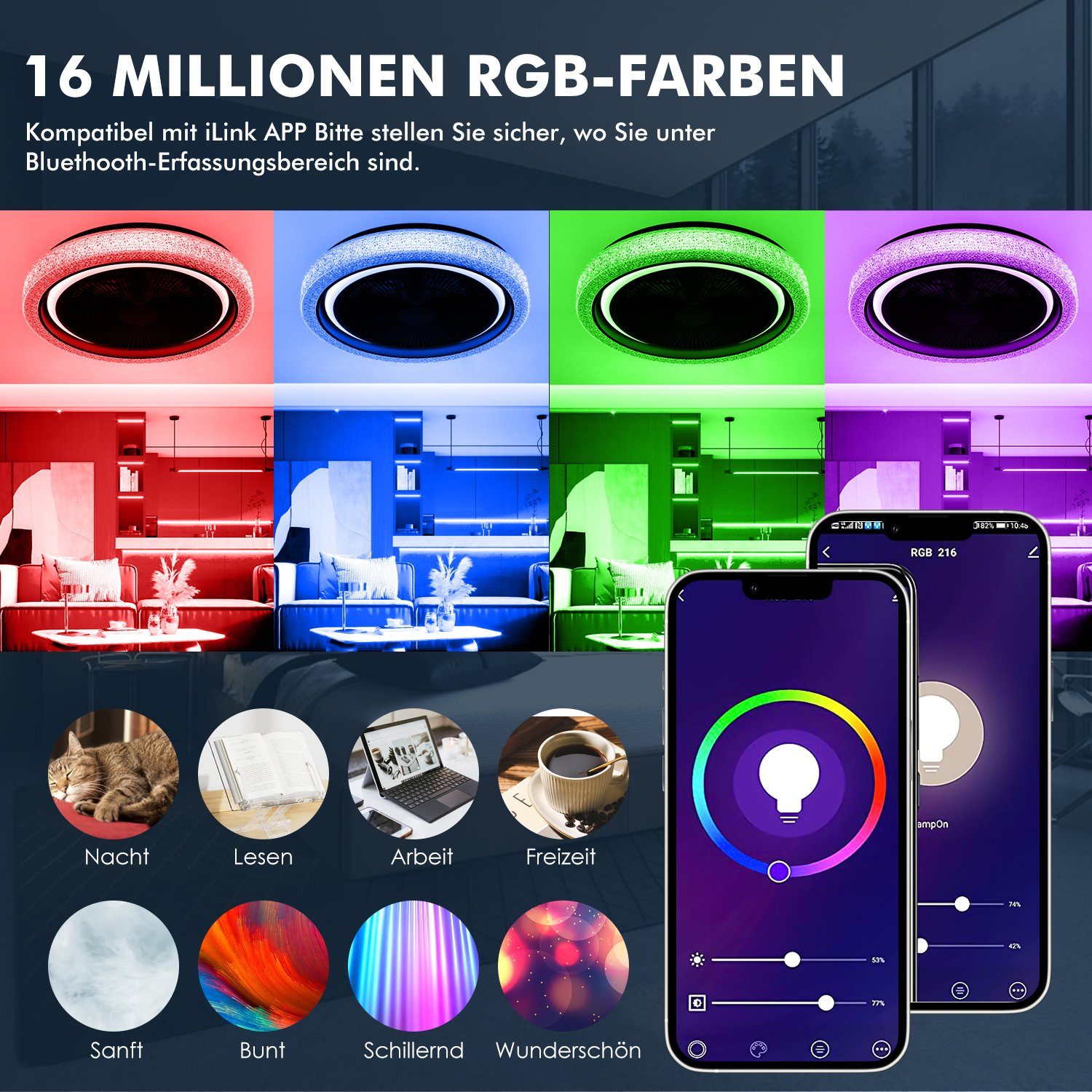 oyajia Deckenleuchte 50W RGB LED Deckenleuchte mit Bluetooth Lautsprecher, Deckenventilator, Luftzirkulationsfunktion, LED fest integriert, RGB Farbwechsel (300 – Bild 5 von 5