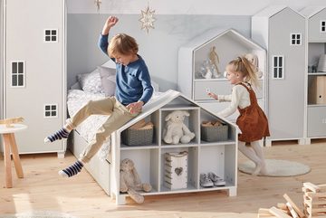 Konsimo Kinderkleiderschrank MIRUM Spielzeugschrank Drehtürenschrank Hausform Schrank 3 Einlegeböden, mit Türen, Fenster mit Grifffunktion