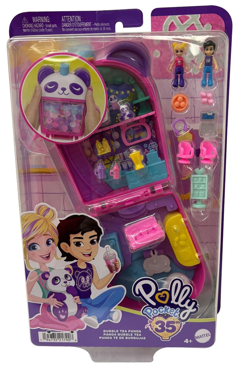 Polly Pocket Spielfigur Polly Pocket Bubble Tea Panda Schatulle 35th, 2 Mini Puppen, 12 Zubehö