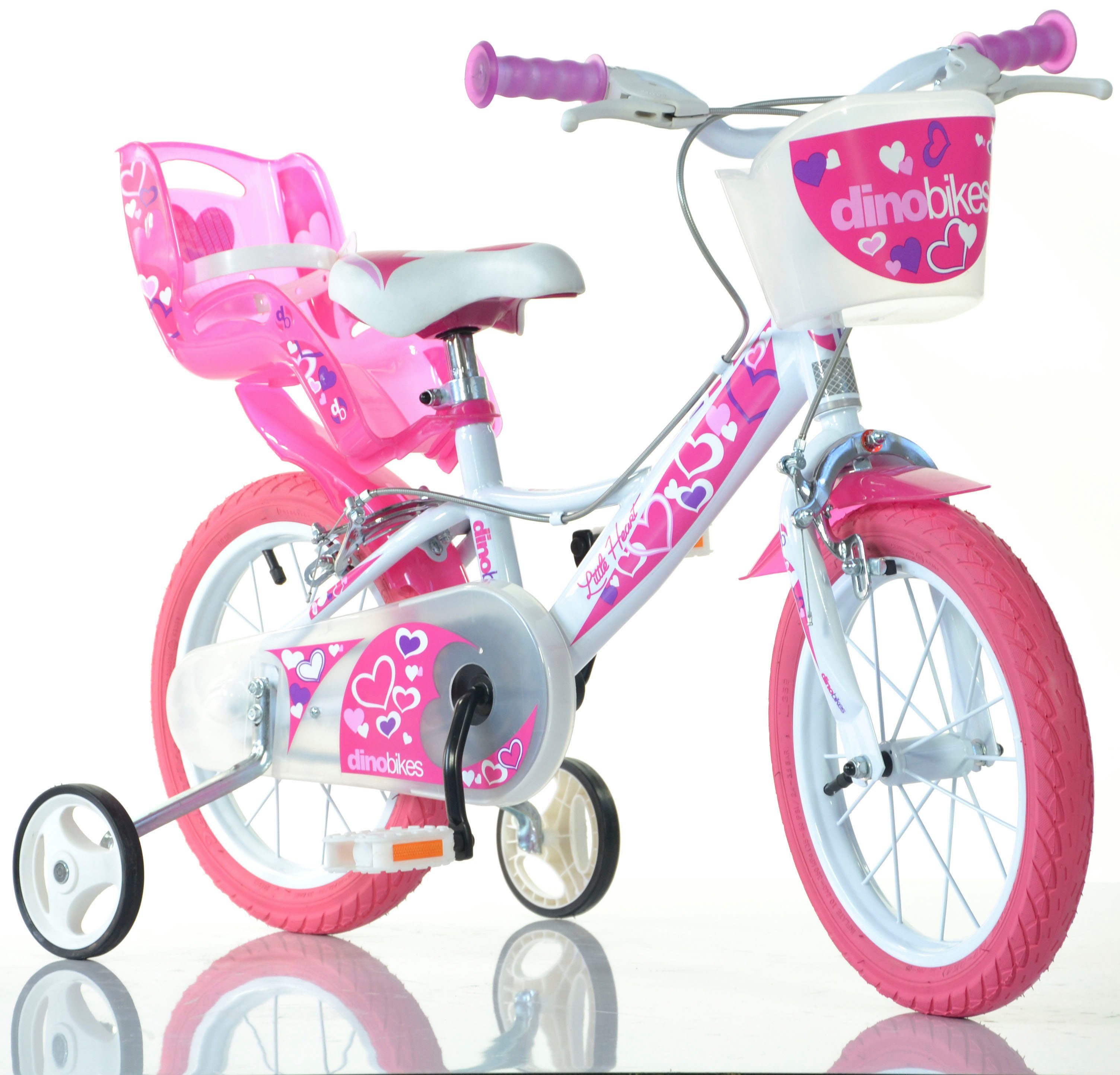 Dino Bikes Kinderfahrrad 16" Little Heart Kinderfahrrad Mädchen 4–7 Jahre Stützräder, 1 Gang, mit Stützrädern, Korb und Puppensitz