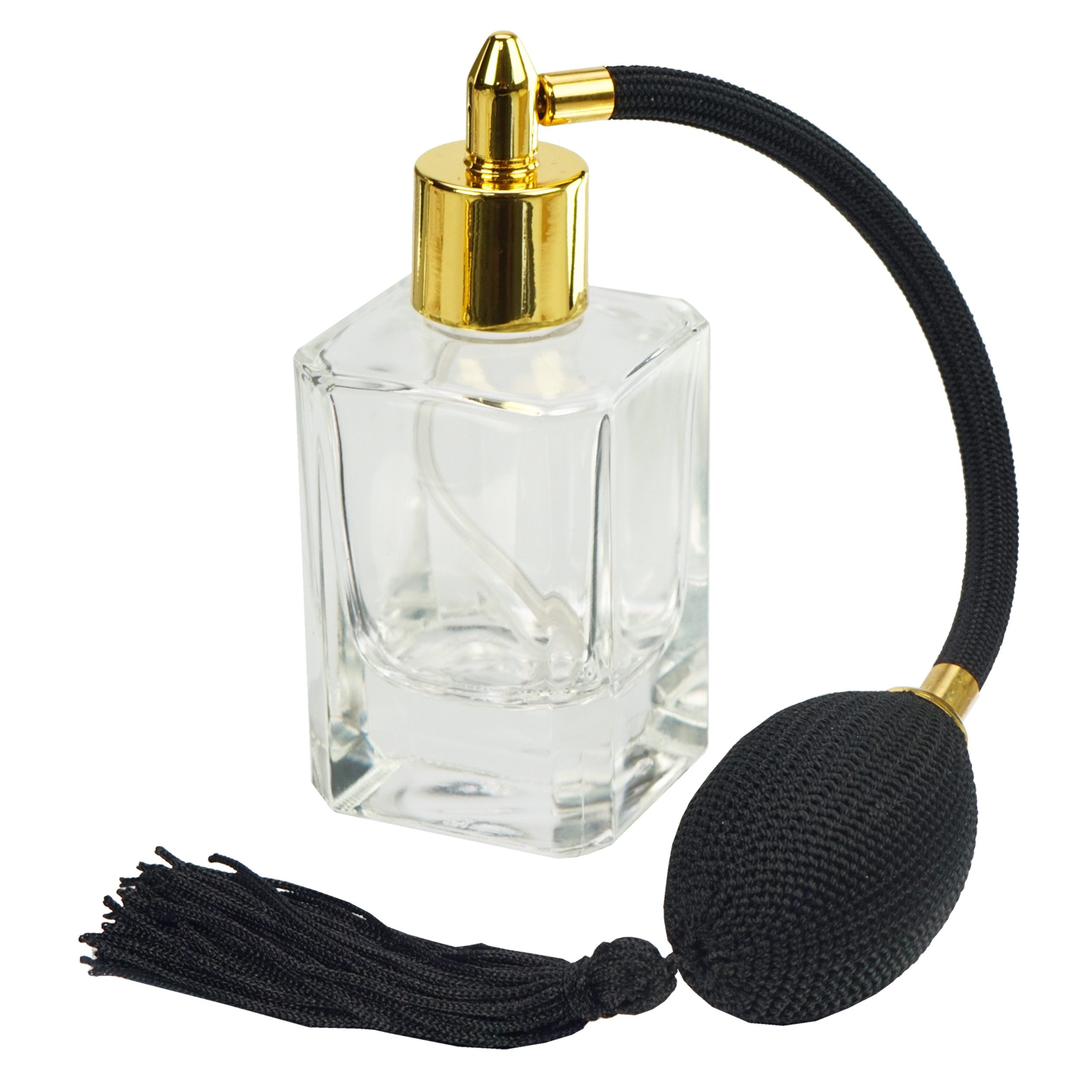 Parfümzerstäuber Tischzerstäuber, Glas eckig, mit Ballpumpe, schwarz-goldfarben, 50 ml
