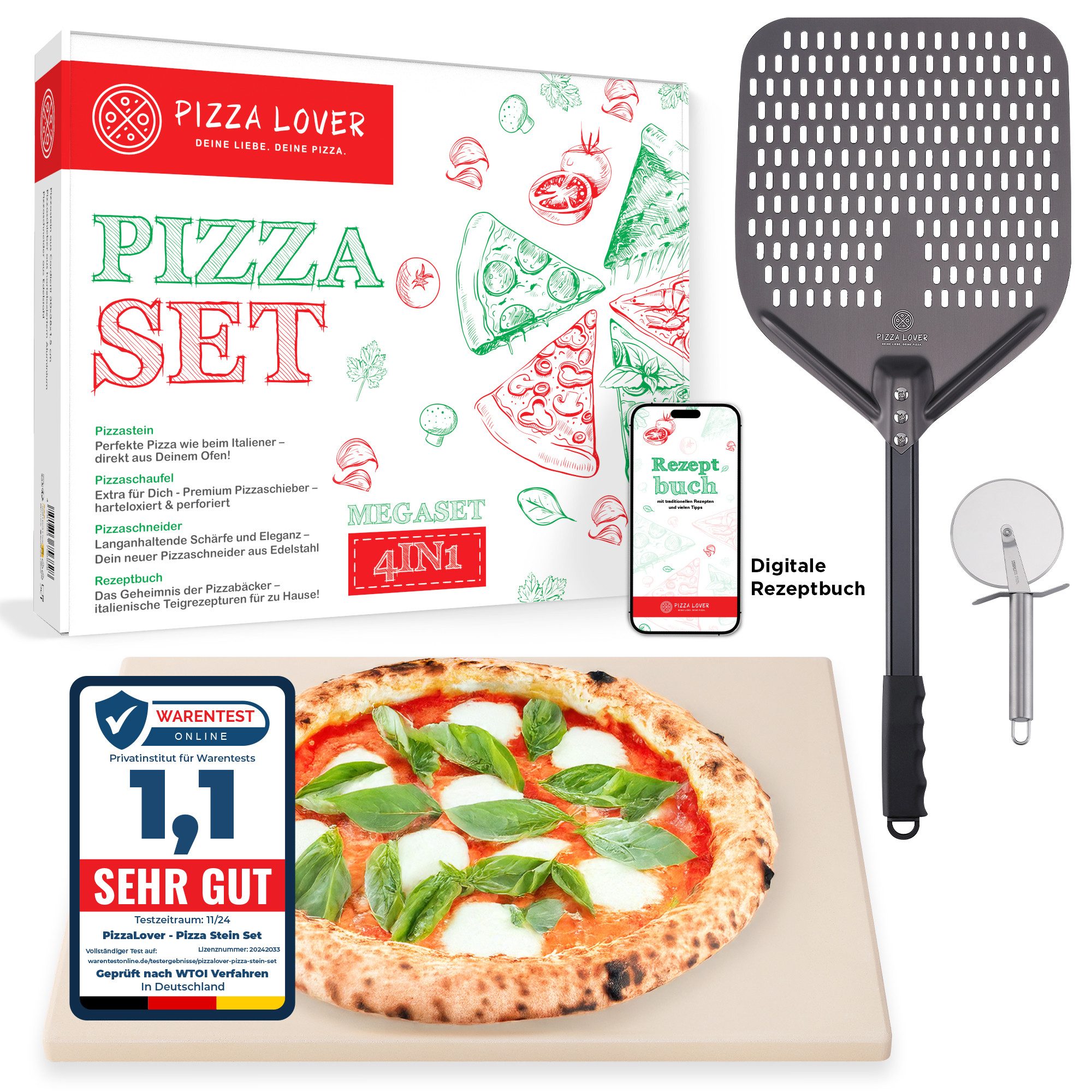 Pizza Lover Pizzastein Pizzastein-Set - Pizzaschieber + 30x38cm Backstein + Roller, (4in1, Pizzastein aus Cordierit, harteloxierte Pizzaschaufel, Pizzaroller), 4in1 Pizzastein-Set mit Pizzaheber