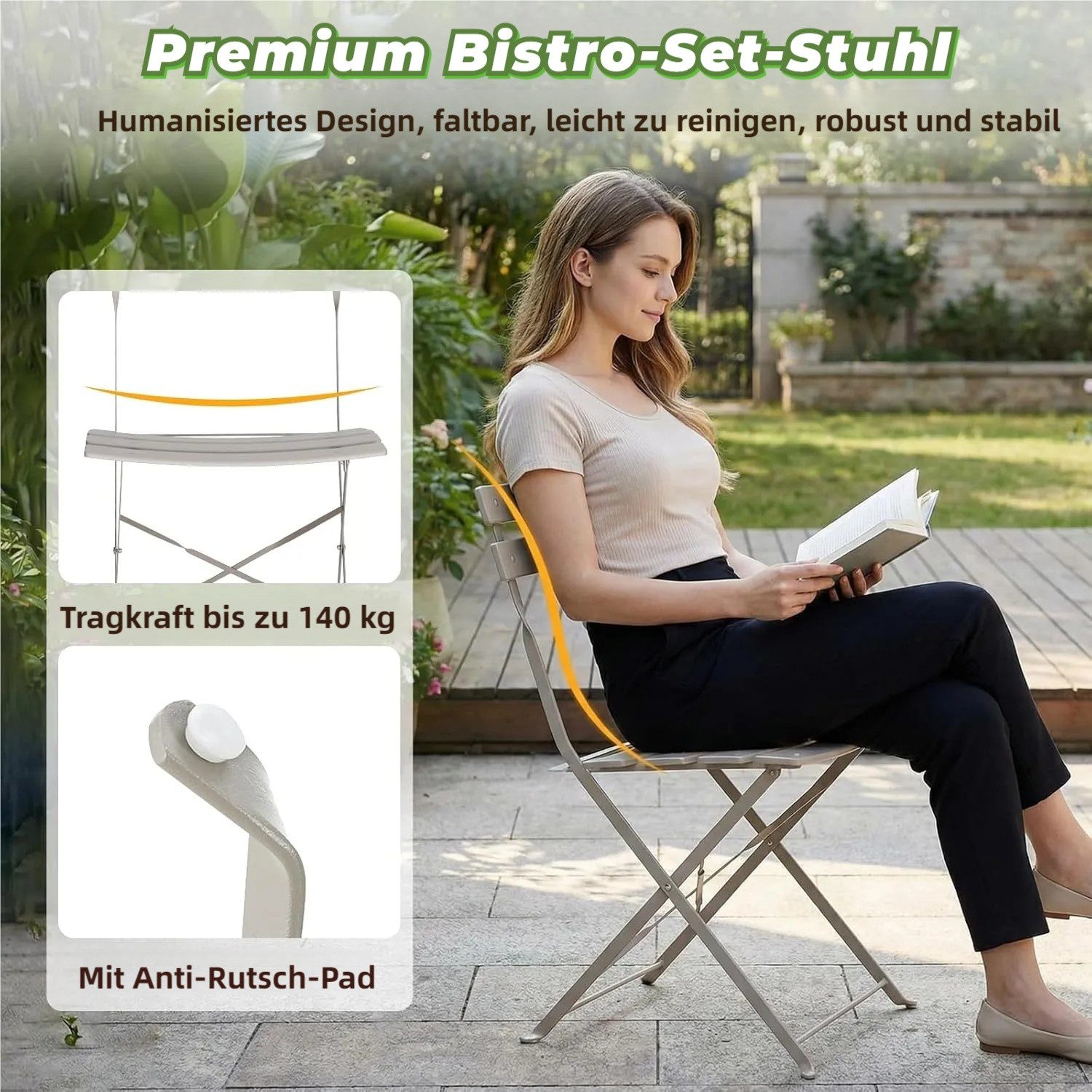 TLGREEN Balkonset Gartenmöbel Bistro Set Metall, (UV-Beständig & Rostfrei, Wetterfest, Balkonmöbel Klappbar für Balkon, Terrasse, Café, Garten), Outdoor Sitzgarnitur, 2 Klappstuhl 1 Klapptisch