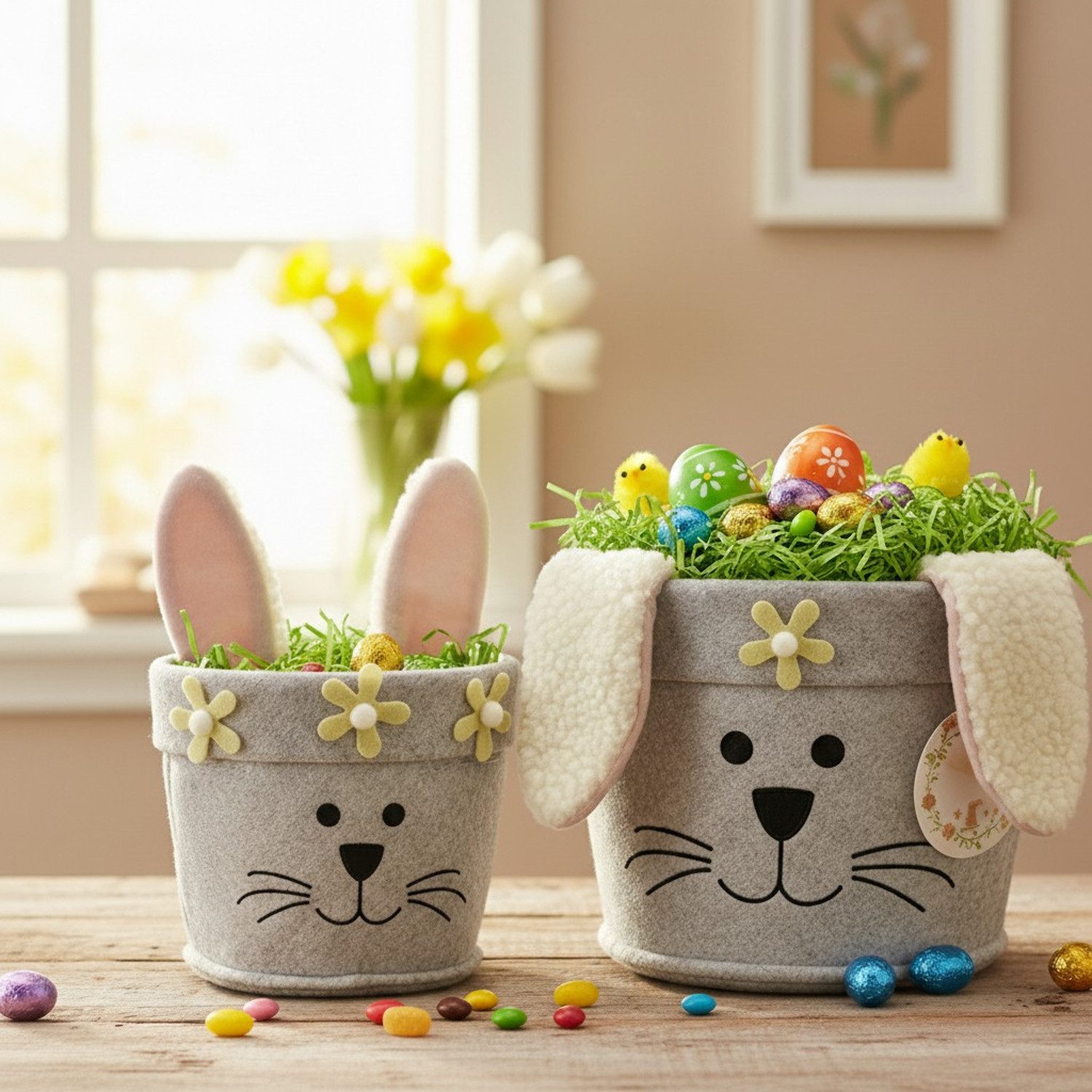Macosa Home Osternest Oster Geschenkkorb 2er Set Hase Filz Beige Rosa, Osterkorb 19 cm 15 cm Filzkorb