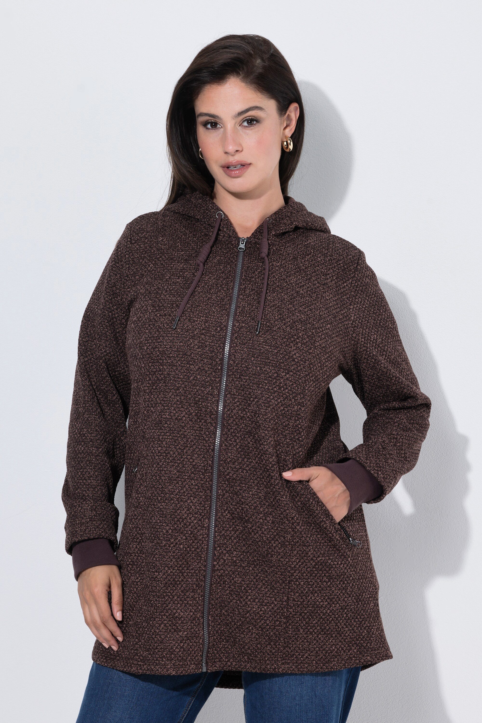 Ulla Popken Sommerjacke Strickfleece-Jacke Schriftzug Kapuze Langarm