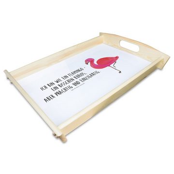 Mr. & Mrs. Panda Tablett Flamingo Classic - Weiß - Geschenk, für mich, Dekotablett, stolz, Spr, Echtholz lasiert, (1-tlg), Anti-Rutsch Pads