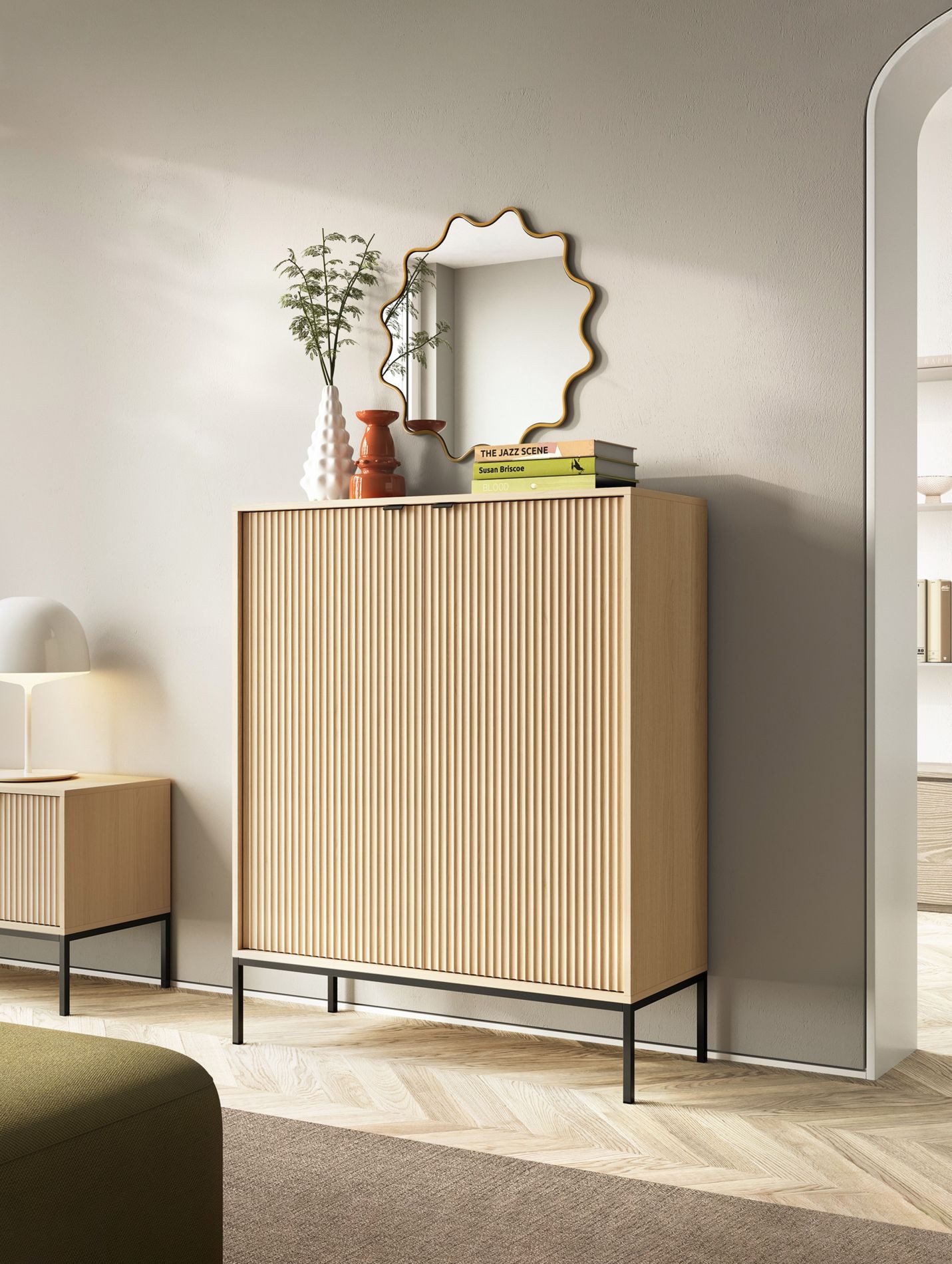 Selsey Highboard VELLORE, 2-türig mit 6 Fächern, schwarzem Gestell, 125 cm hoch
