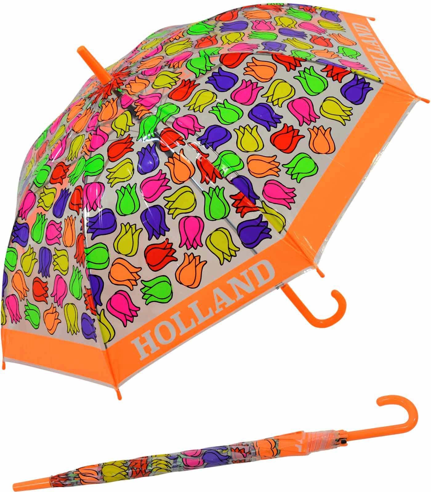 Falconetti Impliva Langregenschirm orange transparent durchsichtig bunt Tulpen, Kinderschirm -