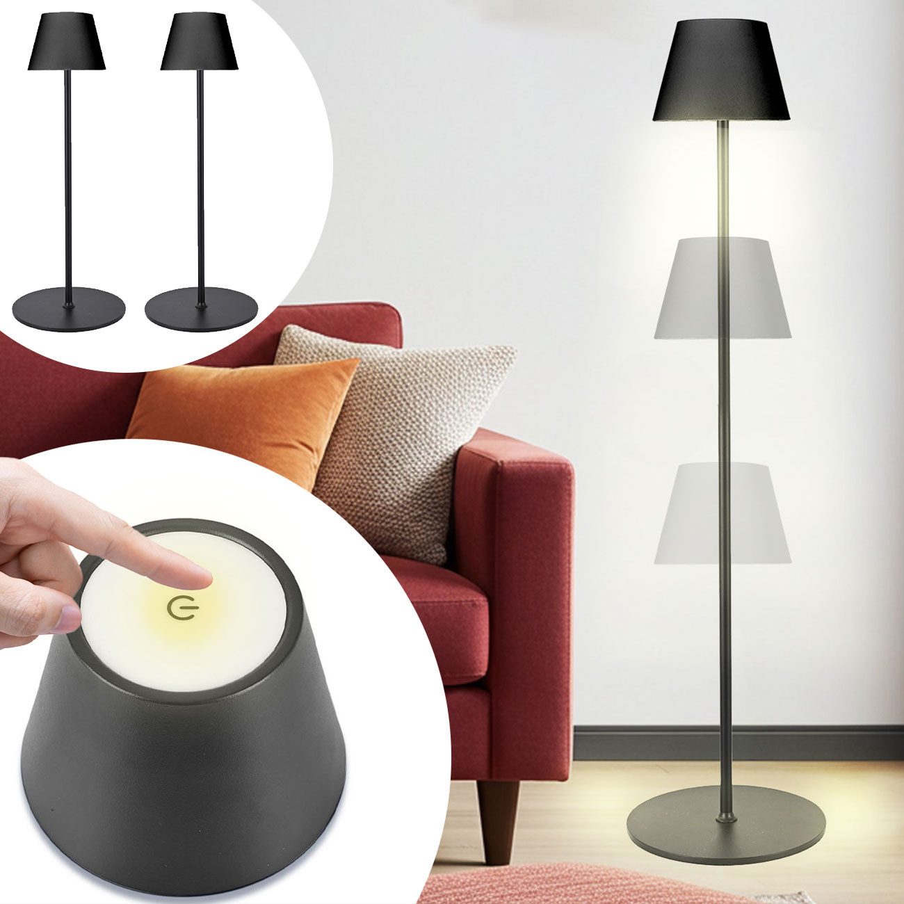 shop'n smile ideoon LED Stehlampe 4W Dimmbare Stehlampe Höhenverstellbar 50/90/130cm Akkubetrieb IP54, LED, (2700K) warmweiß, ca. 10 Std. Akkulaufzeit, 2700K LED-Licht, Lampenkopf Ø14 cm x H10 cm