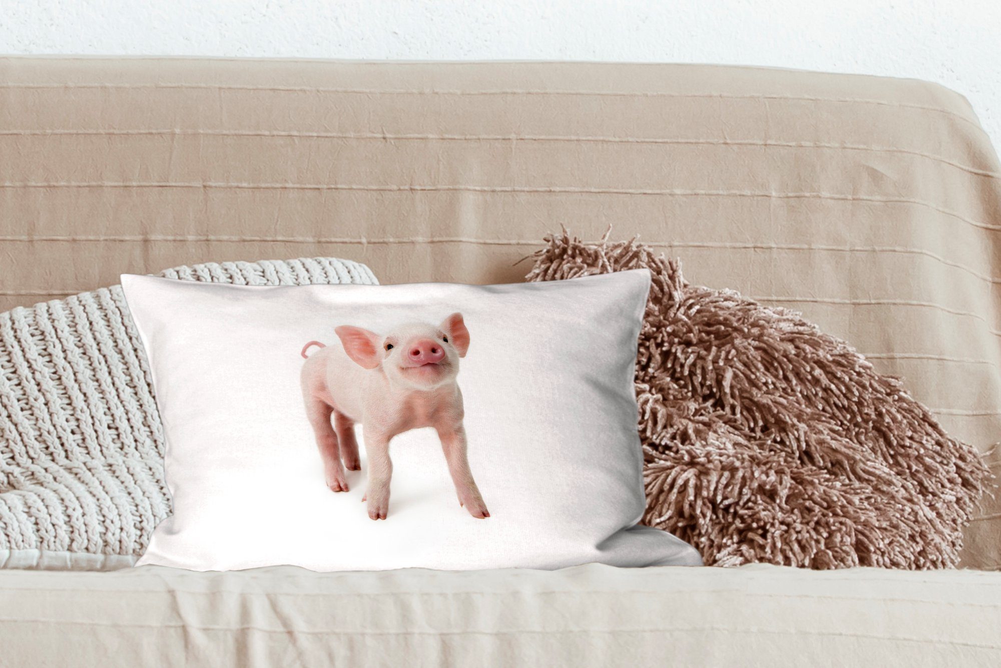 Schlafzimmer Dekokissen Wohzimmer Schwein Zierkissen, - Tiere Weiß, Dekoration, Dekokissen mit - Füllung, MuchoWow